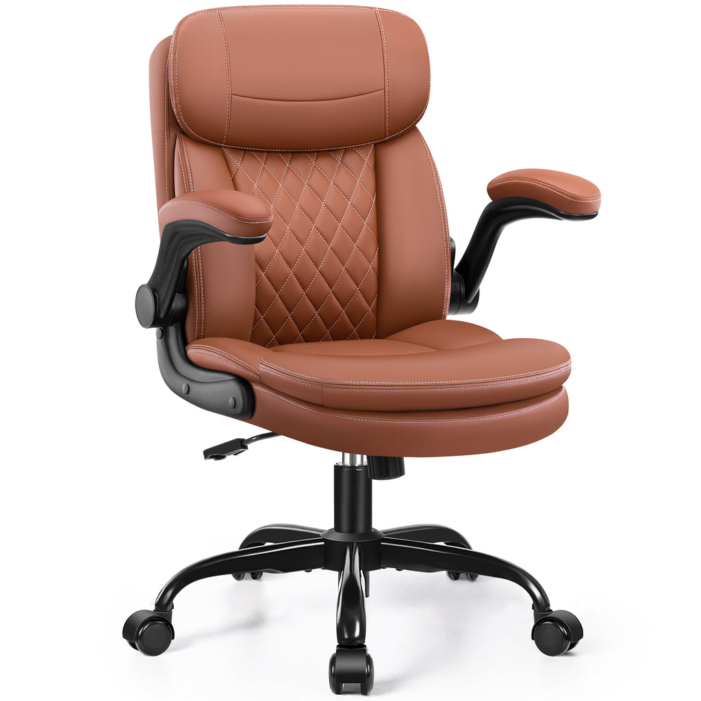 Leather Office Chair, Upgraded Double-Layer Seat Cushion and Neckrest PU Computer Desk Chairs, 360°Swivel, Ergonomic Small Gaming Chair with Wheels and Adjustable Armrests for Short People, Brown