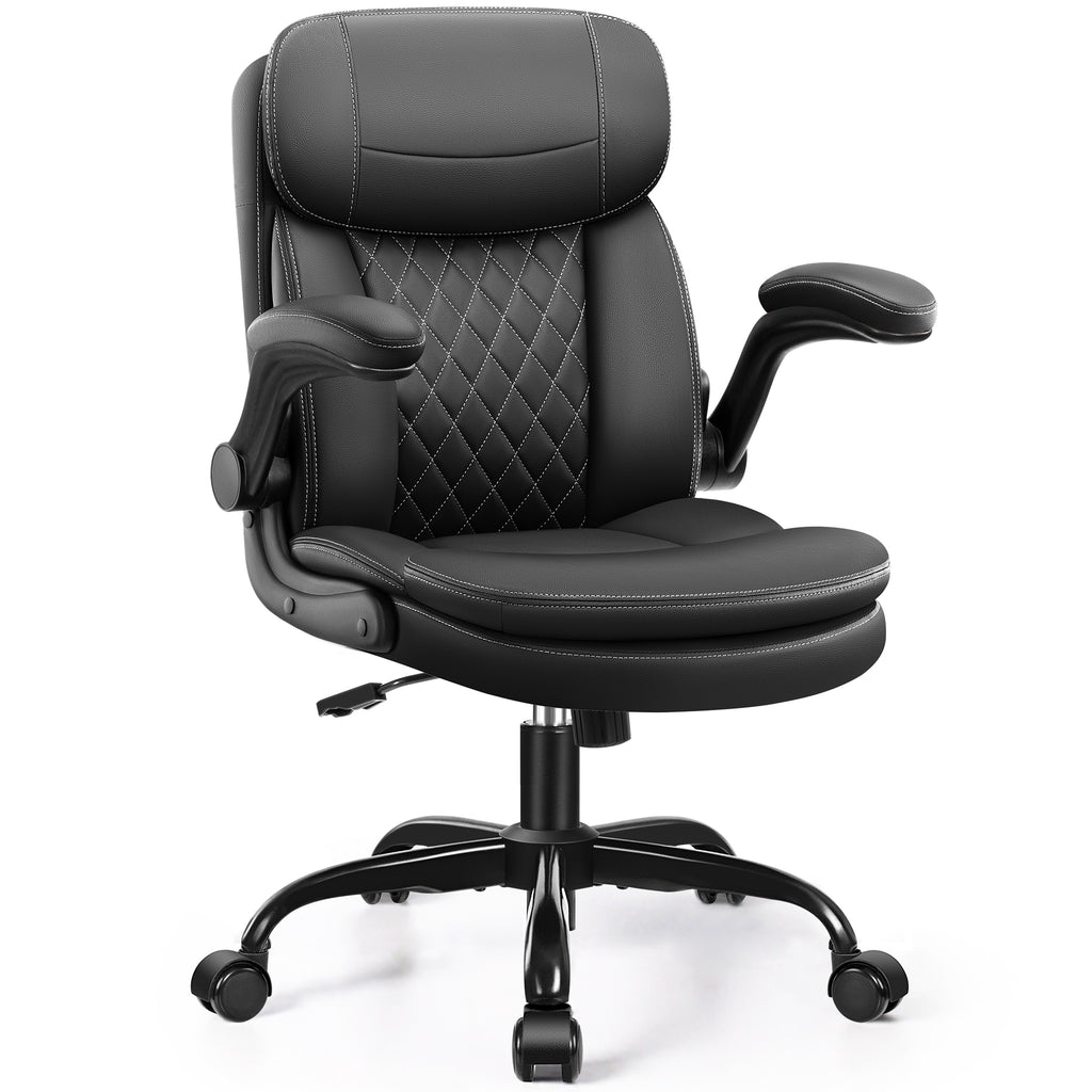 Leather Office Chair, Upgraded PU Computer Desk Chairs with Double-Layer Seat Cushion and Neckrest, 360°Swivel, Ergonomic Small Gaming Chair with Wheels and Adjustable Armrests for Short People, Black