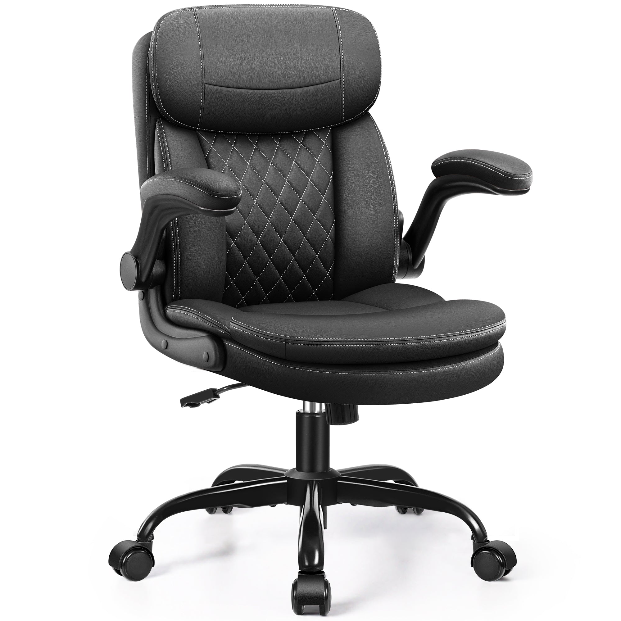 Leather Office Chair, Upgraded PU Computer Desk Chairs with Double-Layer Seat Cushion and Neckrest, 360°Swivel, Ergonomic Small Gaming Chair with Wheels and Adjustable Armrests for Short People, Black