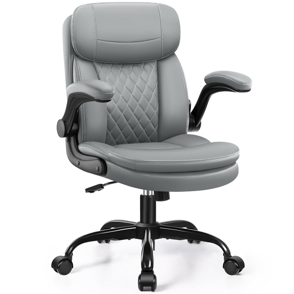 Leather Office Chair, Upgraded PU Computer Desk Chairs with Double-Layer Seat Cushion and Neckrest, 360°Swivel, Ergonomic Small Gaming Chair with Wheels and Adjustable Armrests for Short People, Grey