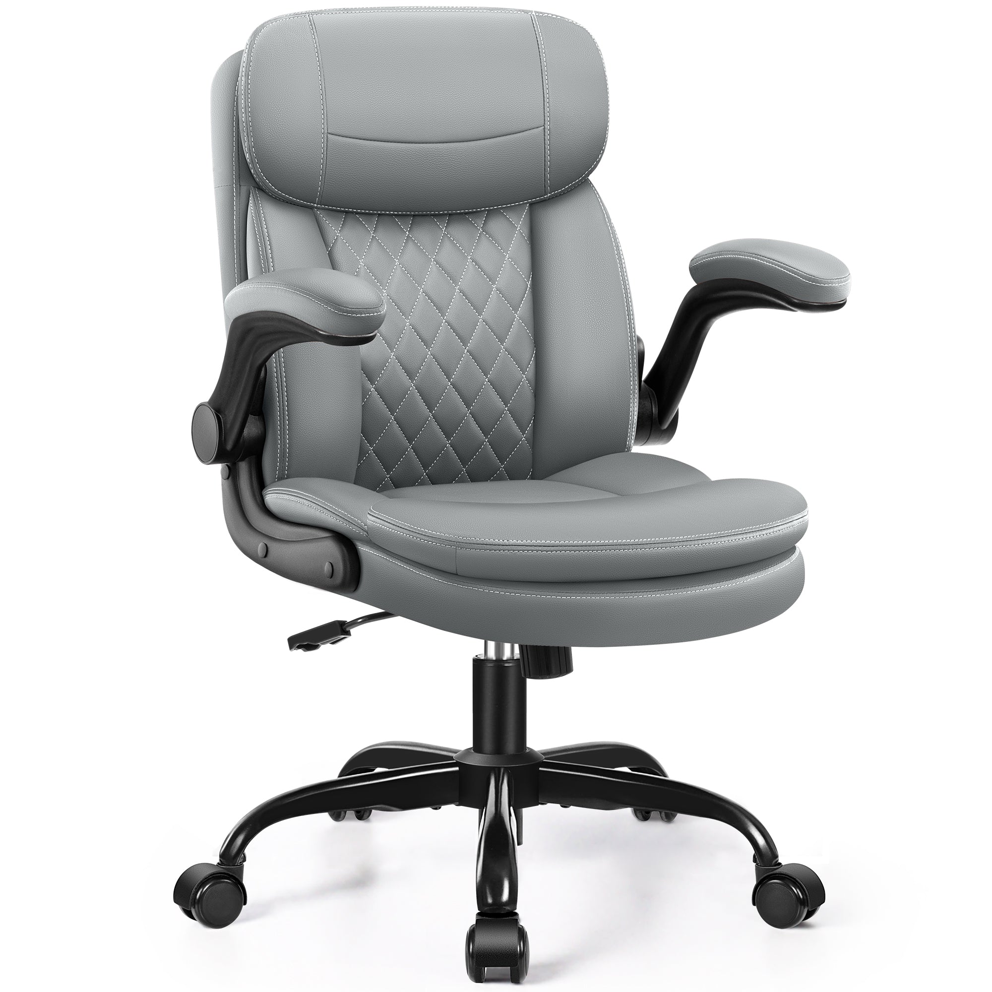 Leather Office Chair, Upgraded PU Computer Desk Chairs with Double-Layer Seat Cushion and Neckrest, 360°Swivel, Ergonomic Small Gaming Chair with Wheels and Adjustable Armrests for Short People, Grey