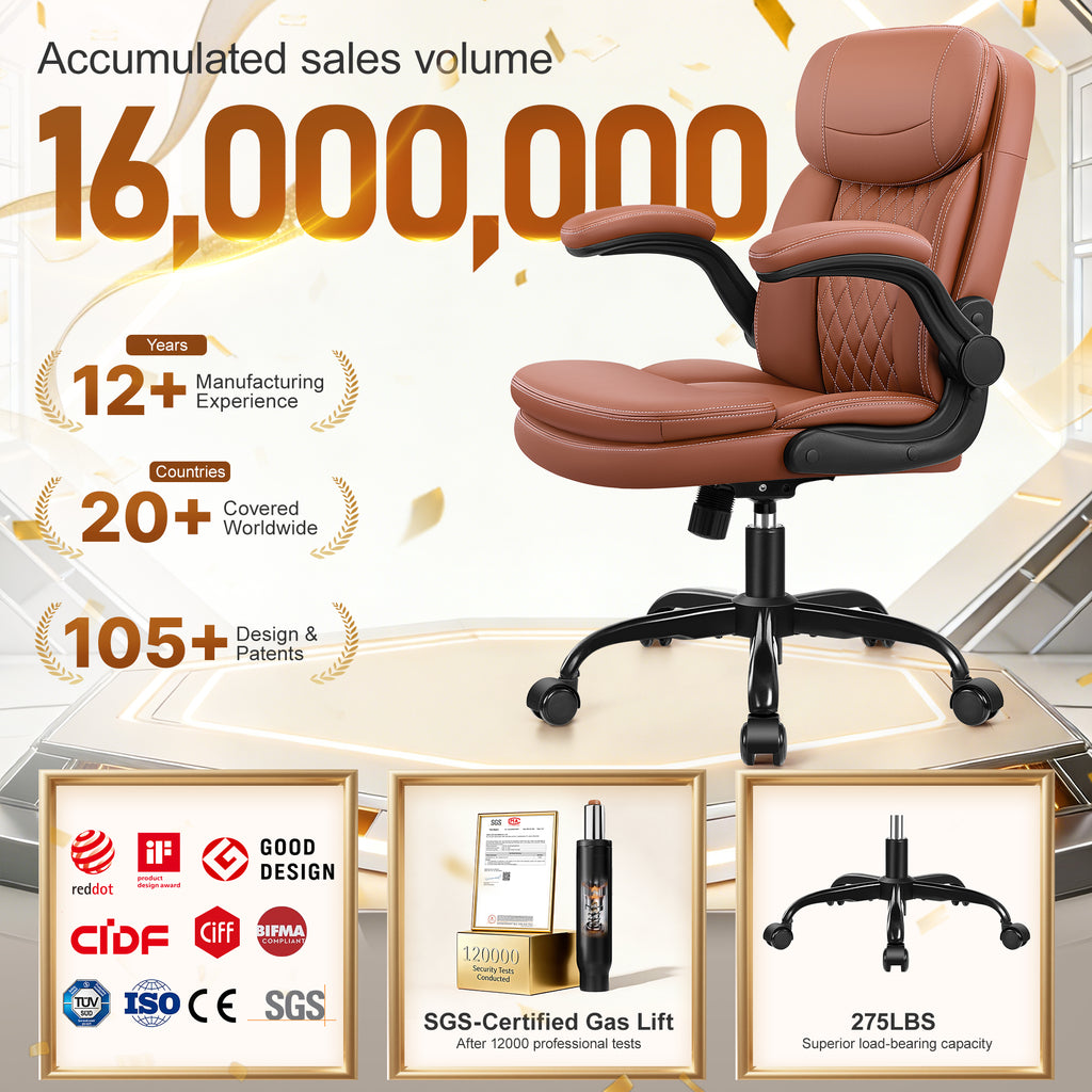 Leather Office Chair, Upgraded Double-Layer Seat Cushion and Neckrest PU Computer Desk Chairs, 360°Swivel, Ergonomic Small Gaming Chair with Wheels and Adjustable Armrests for Short People, Brown