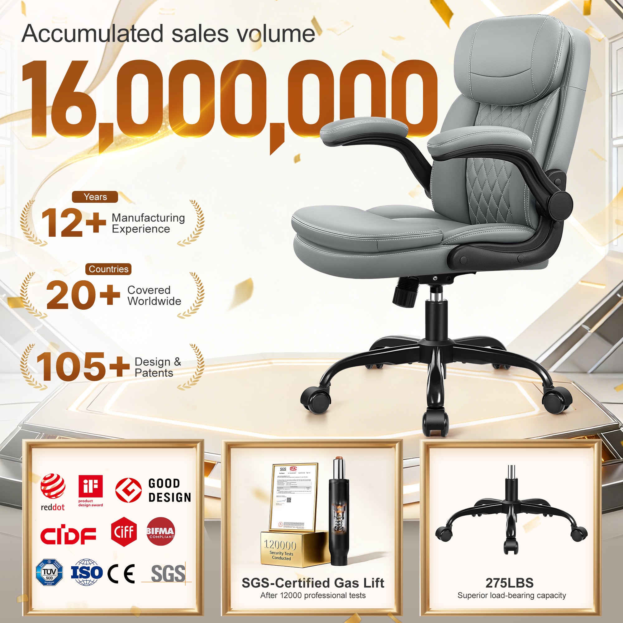 Leather Office Chair, Upgraded PU Computer Desk Chairs with Double-Layer Seat Cushion and Neckrest, 360°Swivel, Ergonomic Small Gaming Chair with Wheels and Adjustable Armrests for Short People, Grey