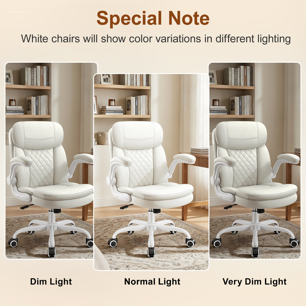 Leather Office Chair, PU Computer Desk Chairs with Upgraded Double-Layer Seat Cushion and Neckrest, 360°Swivel, Ergonomic Small Gaming Chair with Wheels and Adjustable Armrests for Short People, White