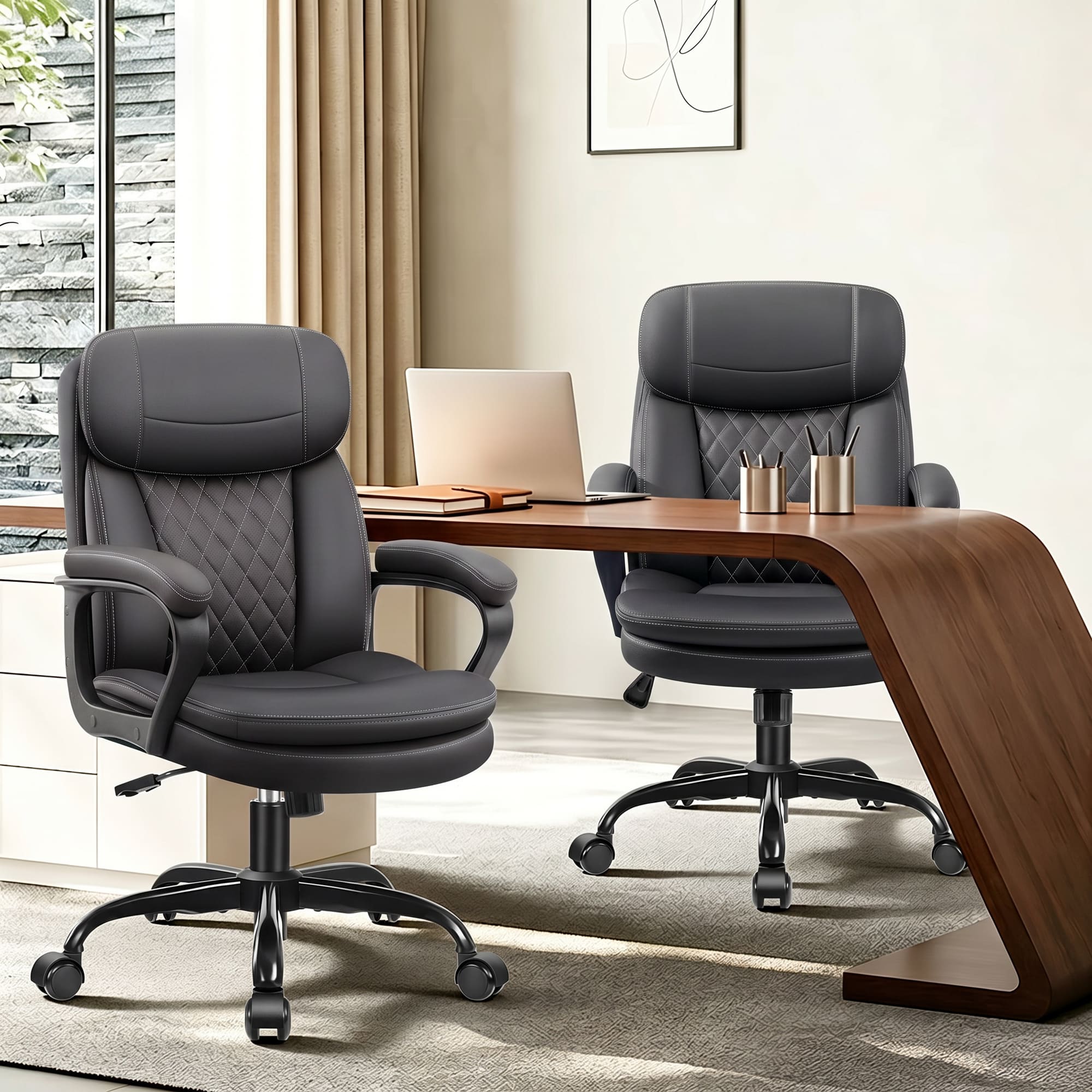 HeroSet Leather Office Chair, Ergonomic Desk Chair with Lumbar Support, Soft Headrest & Thick Seat Cushion, 360° Swivel, 90°–120° Reclining Backrest, Computer Chair for Home Office Work