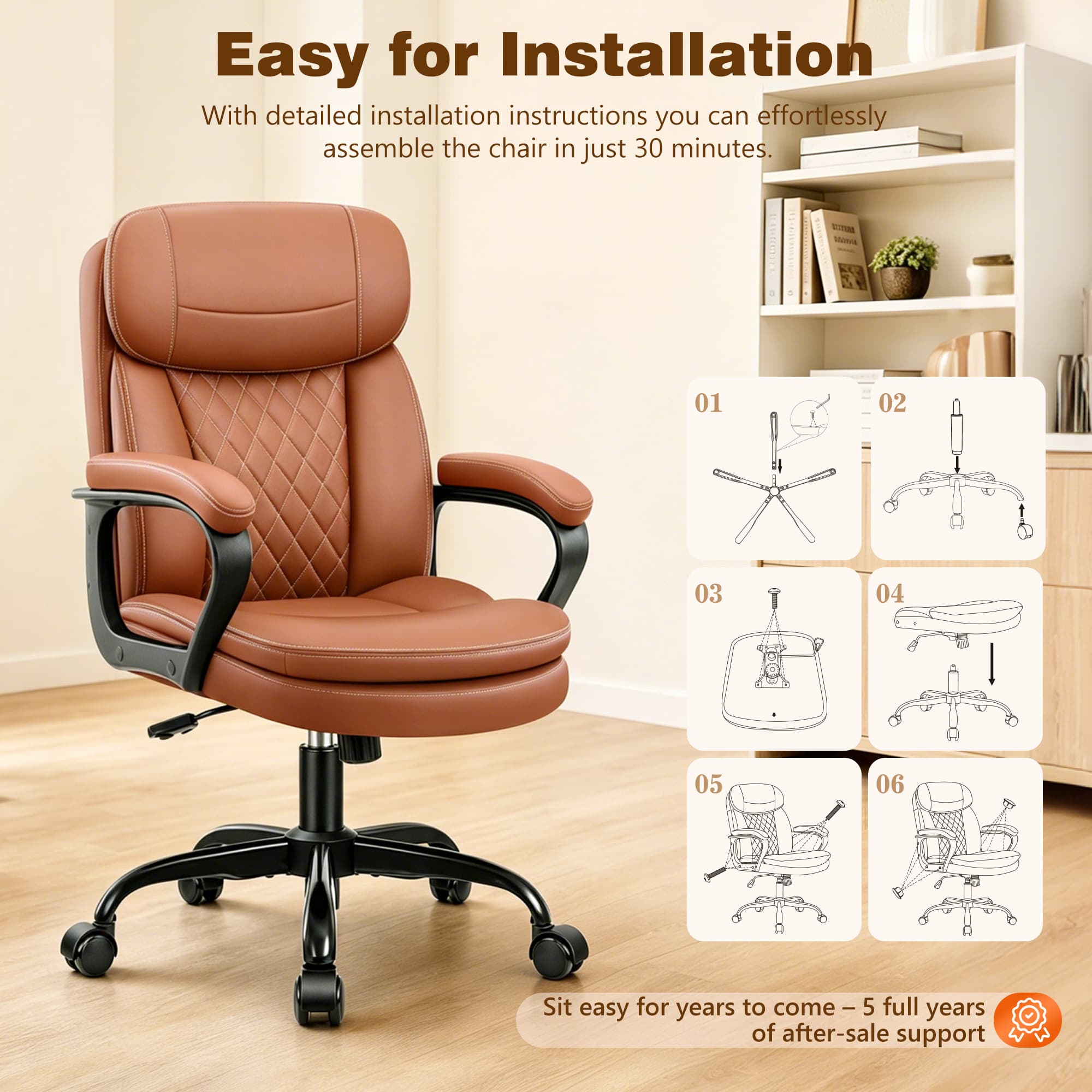 HeroSet Leather Office Chair, Ergonomic Desk Chair with Lumbar Support, Soft Headrest & Thick Seat Cushion, 360° Swivel, 90°–120° Reclining Backrest, Computer Chair for Home Office Work