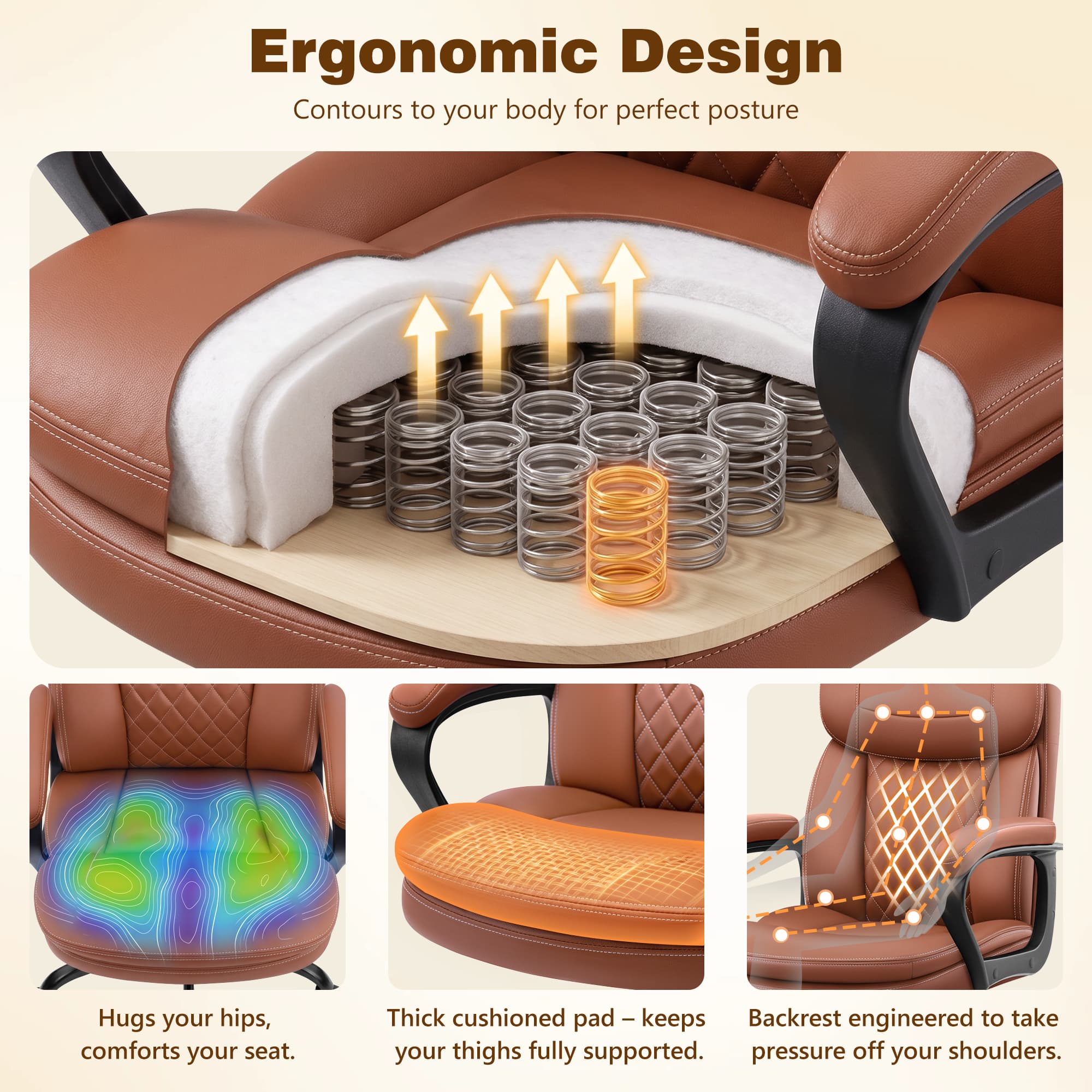 HeroSet Leather Office Chair, Ergonomic Desk Chair with Lumbar Support, Soft Headrest & Thick Seat Cushion, 360° Swivel, 90°–120° Reclining Backrest, Computer Chair for Home Office Work