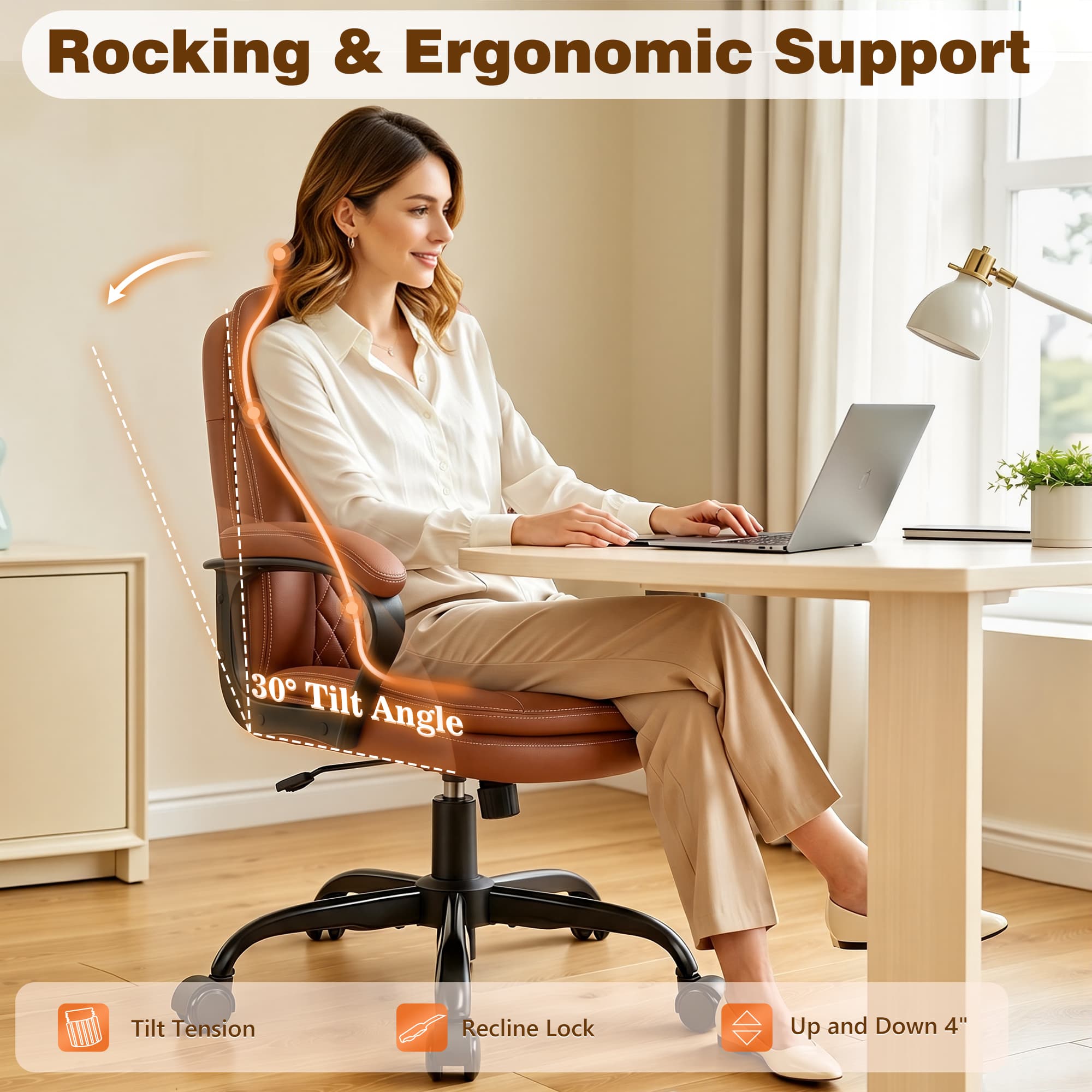 HeroSet Leather Office Chair, Ergonomic Desk Chair with Lumbar Support, Soft Headrest & Thick Seat Cushion, 360° Swivel, 90°–120° Reclining Backrest, Computer Chair for Home Office Work