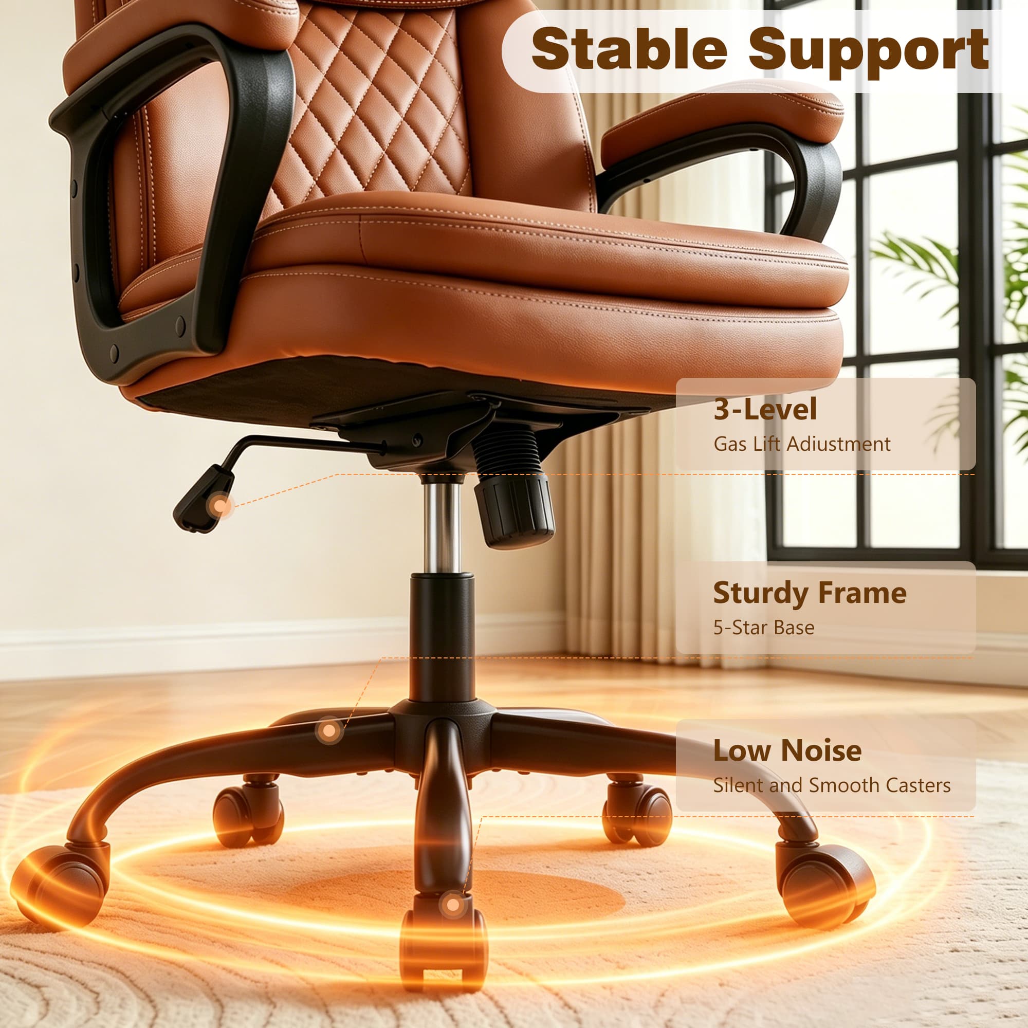 HeroSet Leather Office Chair, Ergonomic Desk Chair with Lumbar Support, Soft Headrest & Thick Seat Cushion, 360° Swivel, 90°–120° Reclining Backrest, Computer Chair for Home Office Work