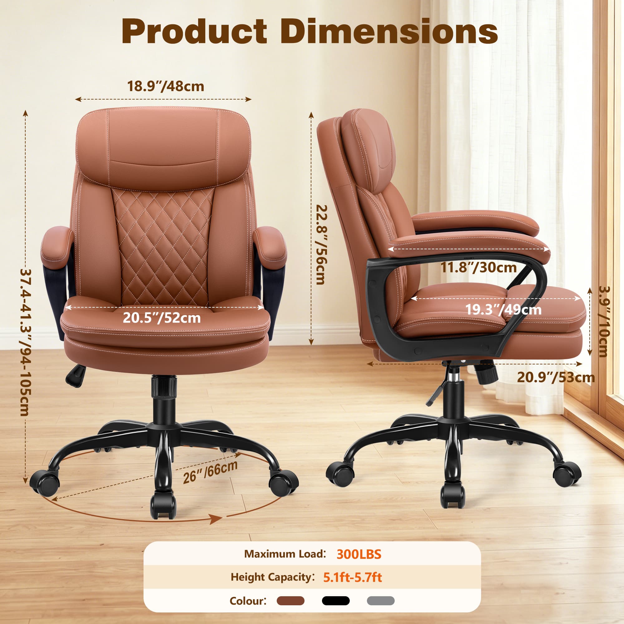 HeroSet Leather Office Chair, Ergonomic Desk Chair with Lumbar Support, Soft Headrest & Thick Seat Cushion, 360° Swivel, 90°–120° Reclining Backrest, Computer Chair for Home Office Work