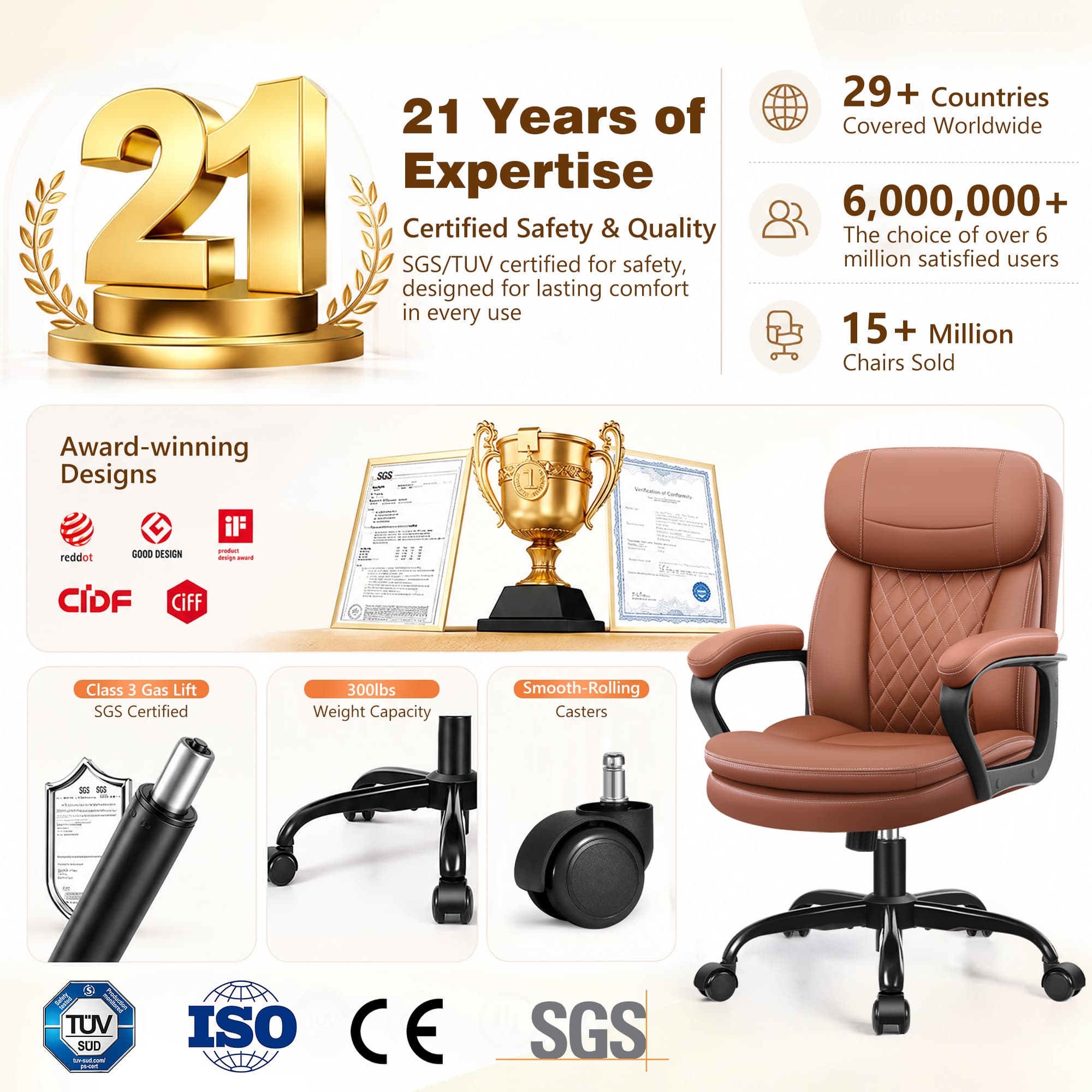 HeroSet Leather Office Chair, Ergonomic Desk Chair with Lumbar Support, Soft Headrest & Thick Seat Cushion, 360° Swivel, 90°–120° Reclining Backrest, Computer Chair for Home Office Work
