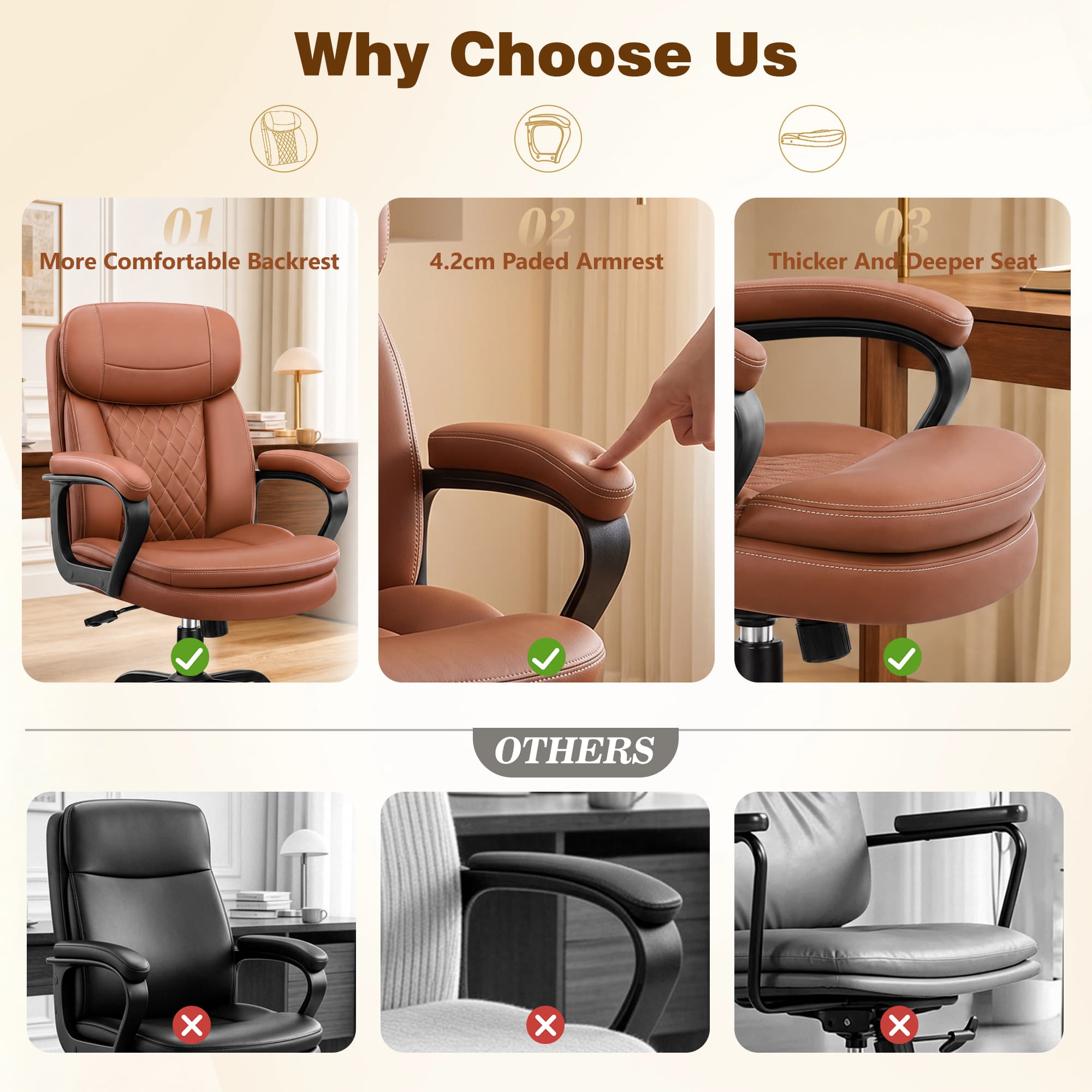 HeroSet Leather Office Chair, Ergonomic Desk Chair with Lumbar Support, Soft Headrest & Thick Seat Cushion, 360° Swivel, 90°–120° Reclining Backrest, Computer Chair for Home Office Work