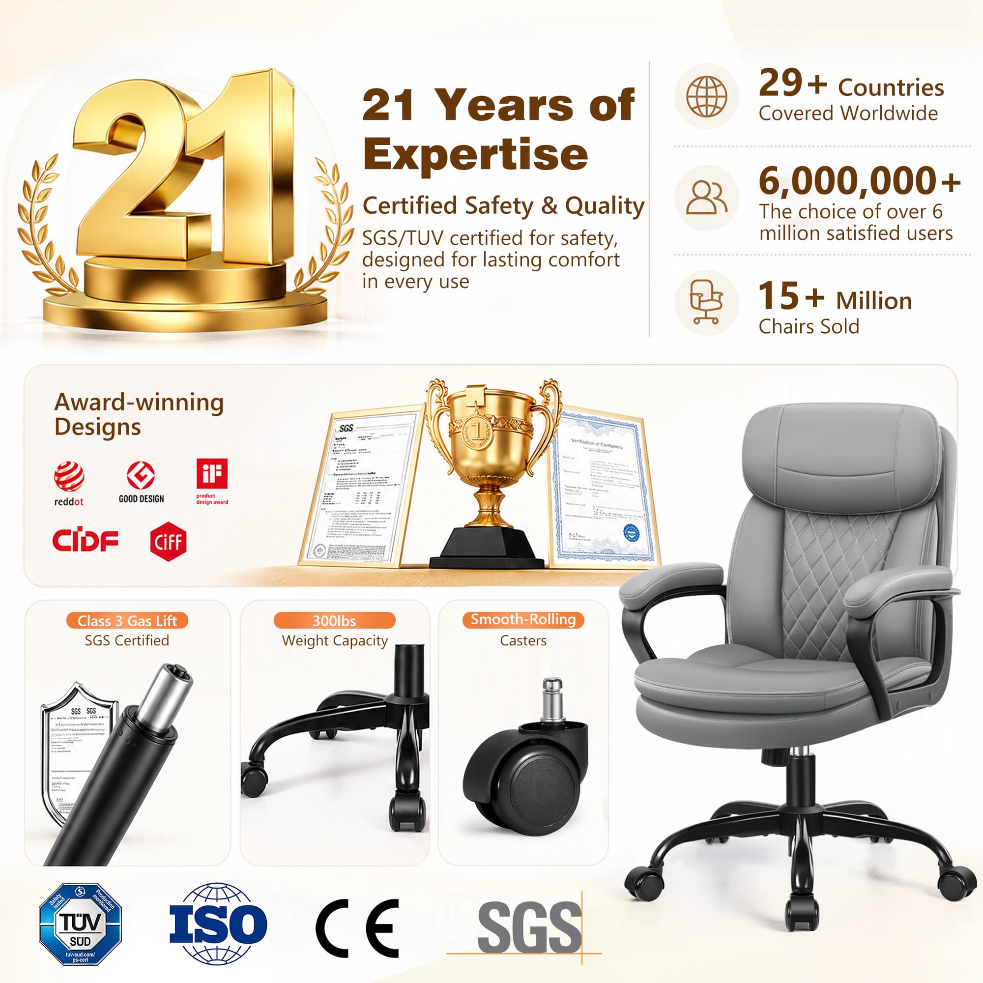 HeroSet Leather Office Chair, Ergonomic Desk Chair with Lumbar Support, Soft Headrest & Thick Seat Cushion, 360° Swivel, 90°–120° Reclining Backrest, Computer Chair for Home Office Work