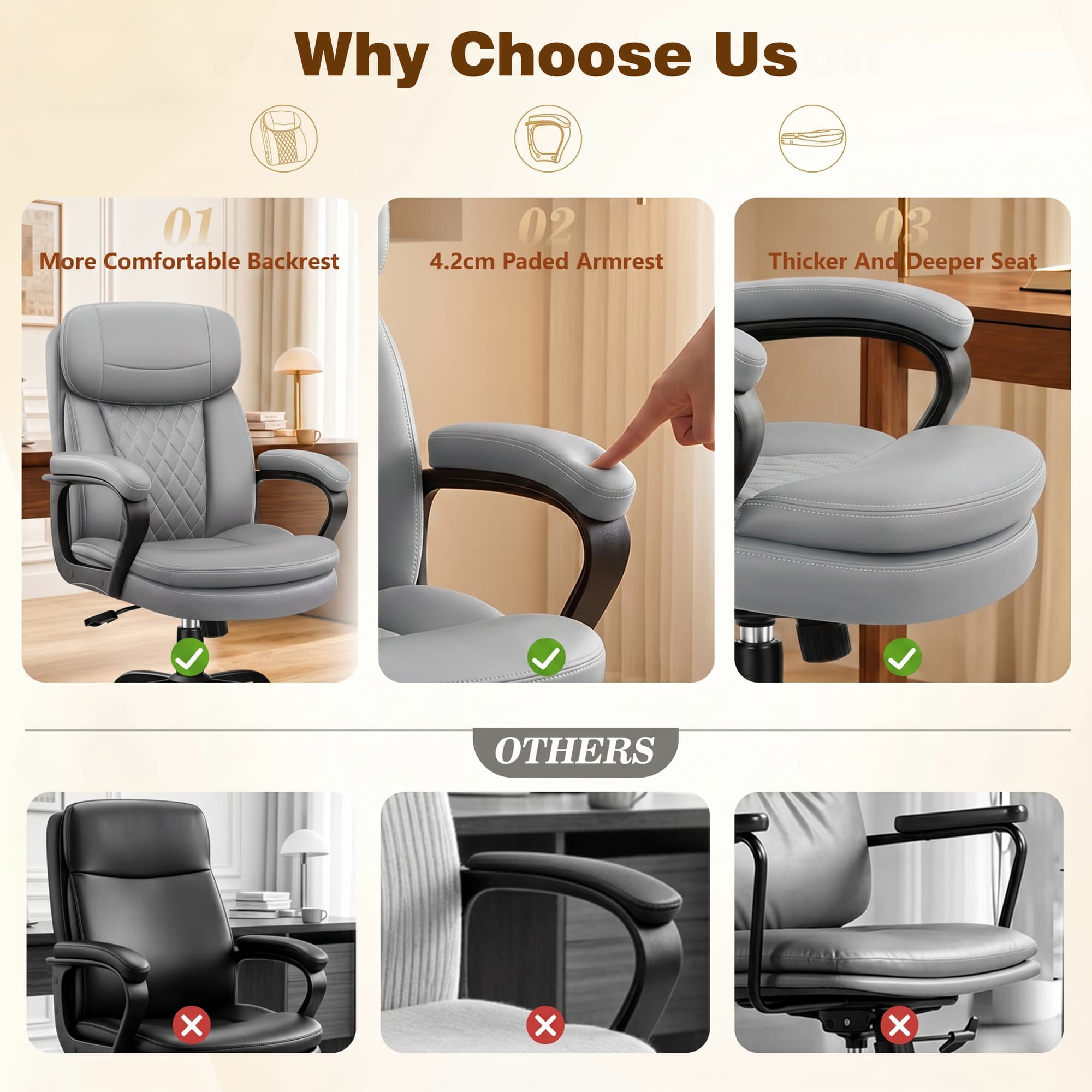 HeroSet Leather Office Chair, Ergonomic Desk Chair with Lumbar Support, Soft Headrest & Thick Seat Cushion, 360° Swivel, 90°–120° Reclining Backrest, Computer Chair for Home Office Work