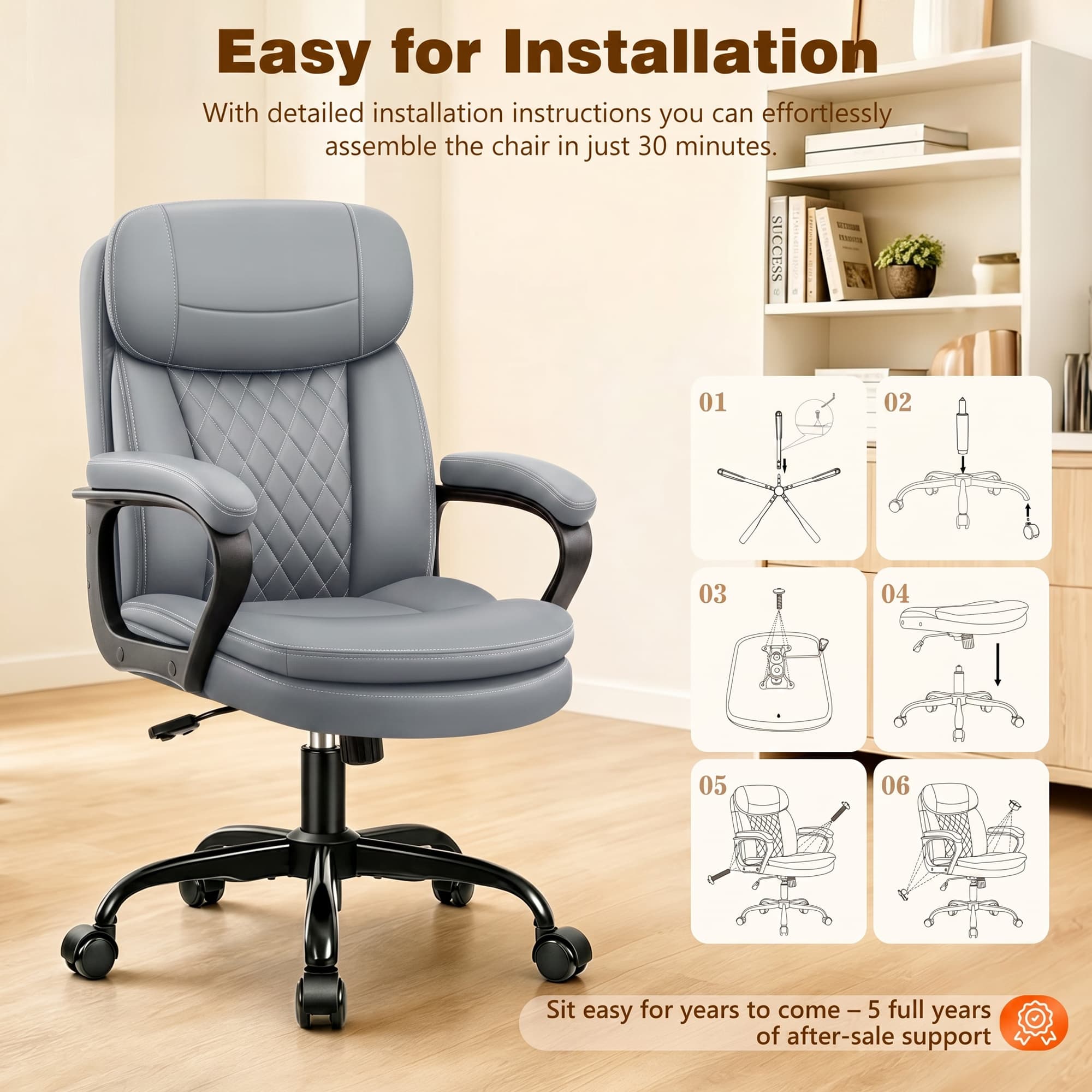 HeroSet Leather Office Chair, Ergonomic Desk Chair with Lumbar Support, Soft Headrest & Thick Seat Cushion, 360° Swivel, 90°–120° Reclining Backrest, Computer Chair for Home Office Work