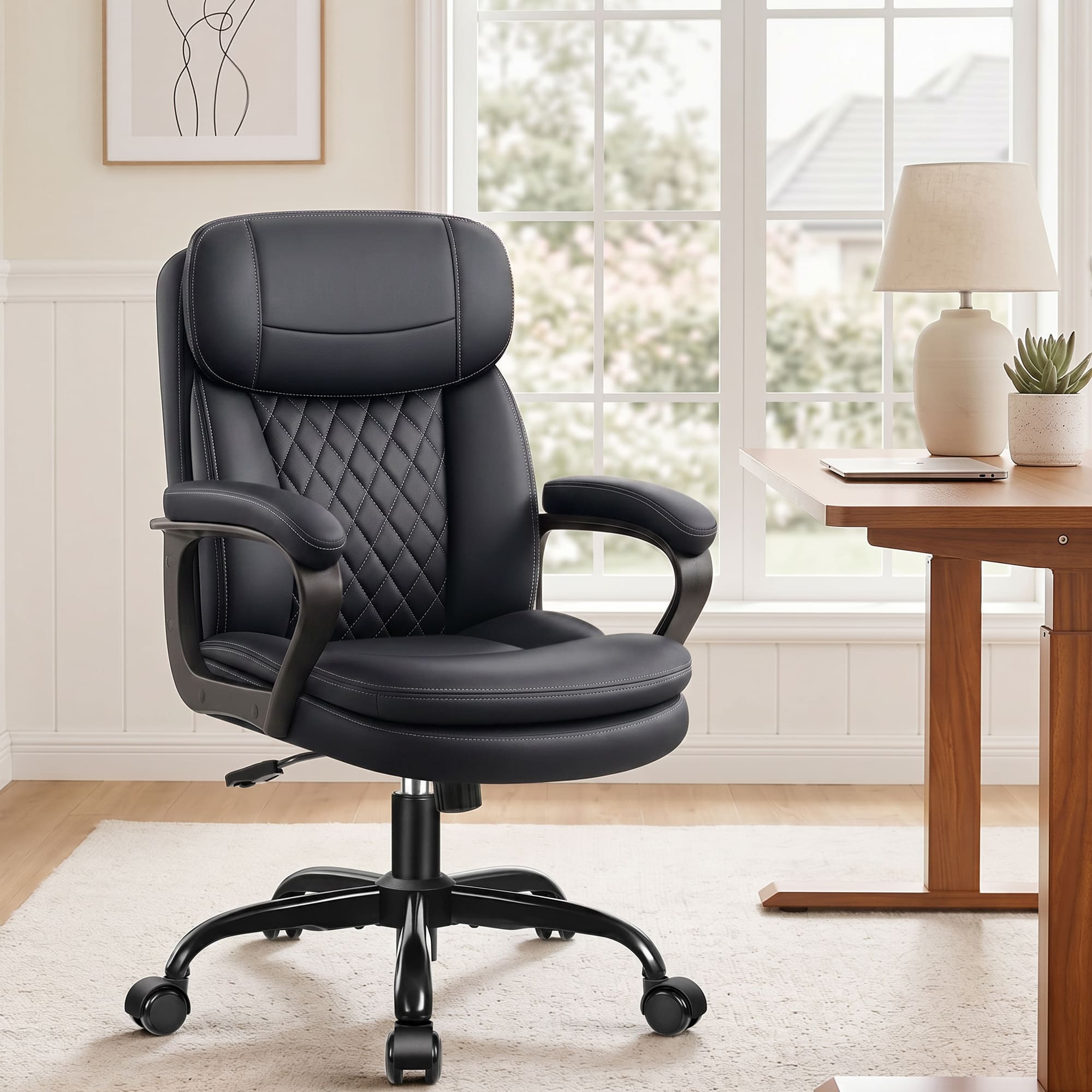 HeroSet Leather Office Chair, Ergonomic Desk Chair with Lumbar Support, Soft Headrest & Thick Seat Cushion, 360° Swivel, 90°–120° Reclining Backrest, Computer Chair for Home Office Work