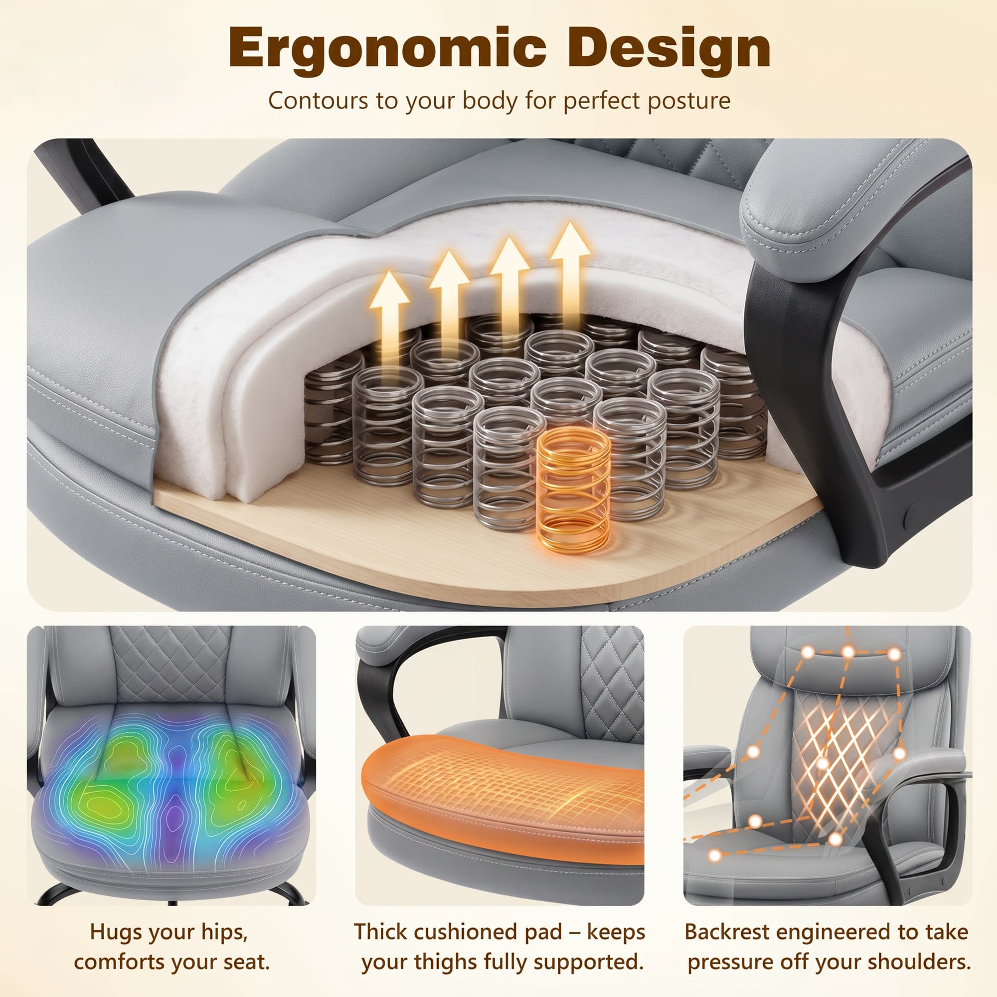 HeroSet Leather Office Chair, Ergonomic Desk Chair with Lumbar Support, Soft Headrest & Thick Seat Cushion, 360° Swivel, 90°–120° Reclining Backrest, Computer Chair for Home Office Work