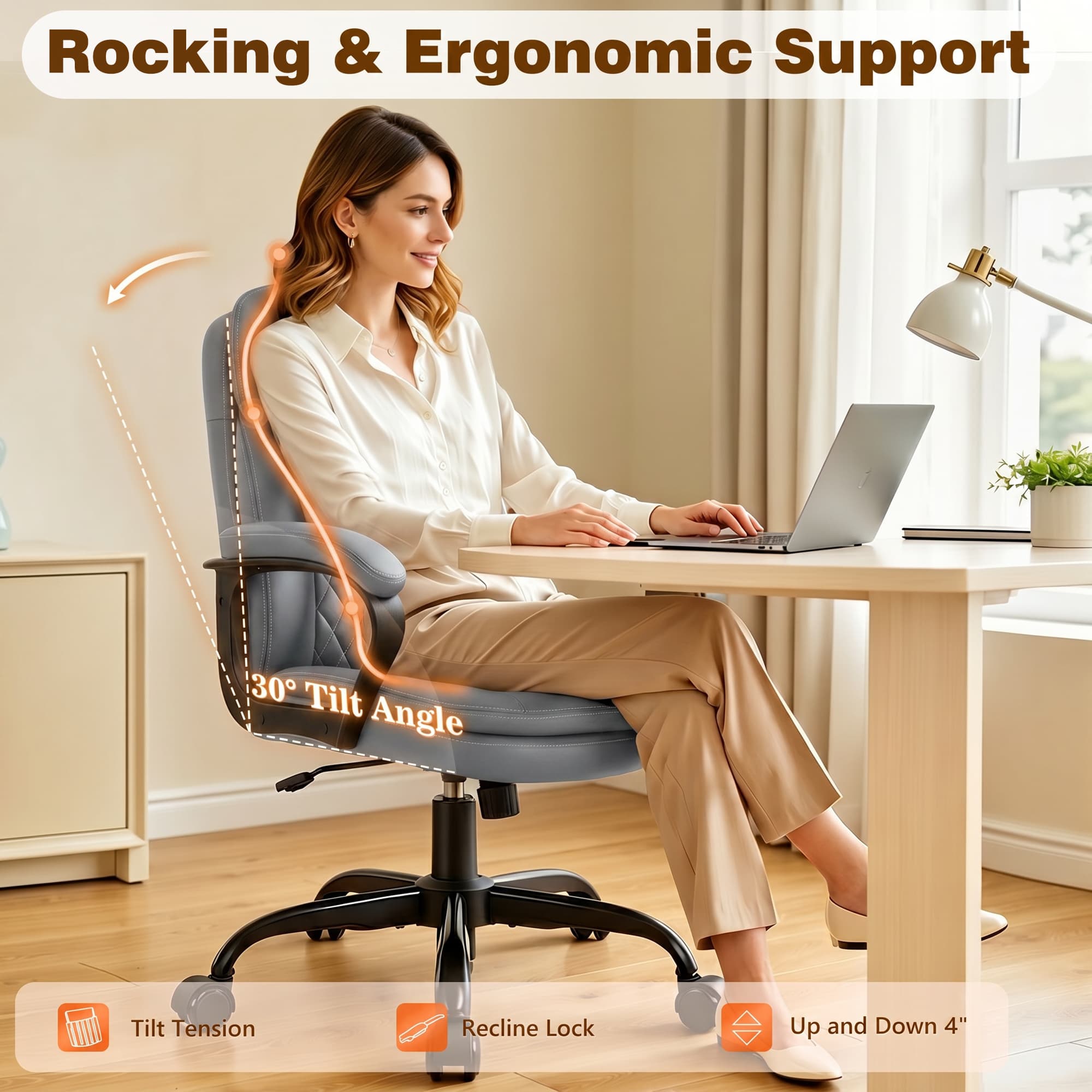 HeroSet Leather Office Chair, Ergonomic Desk Chair with Lumbar Support, Soft Headrest & Thick Seat Cushion, 360° Swivel, 90°–120° Reclining Backrest, Computer Chair for Home Office Work