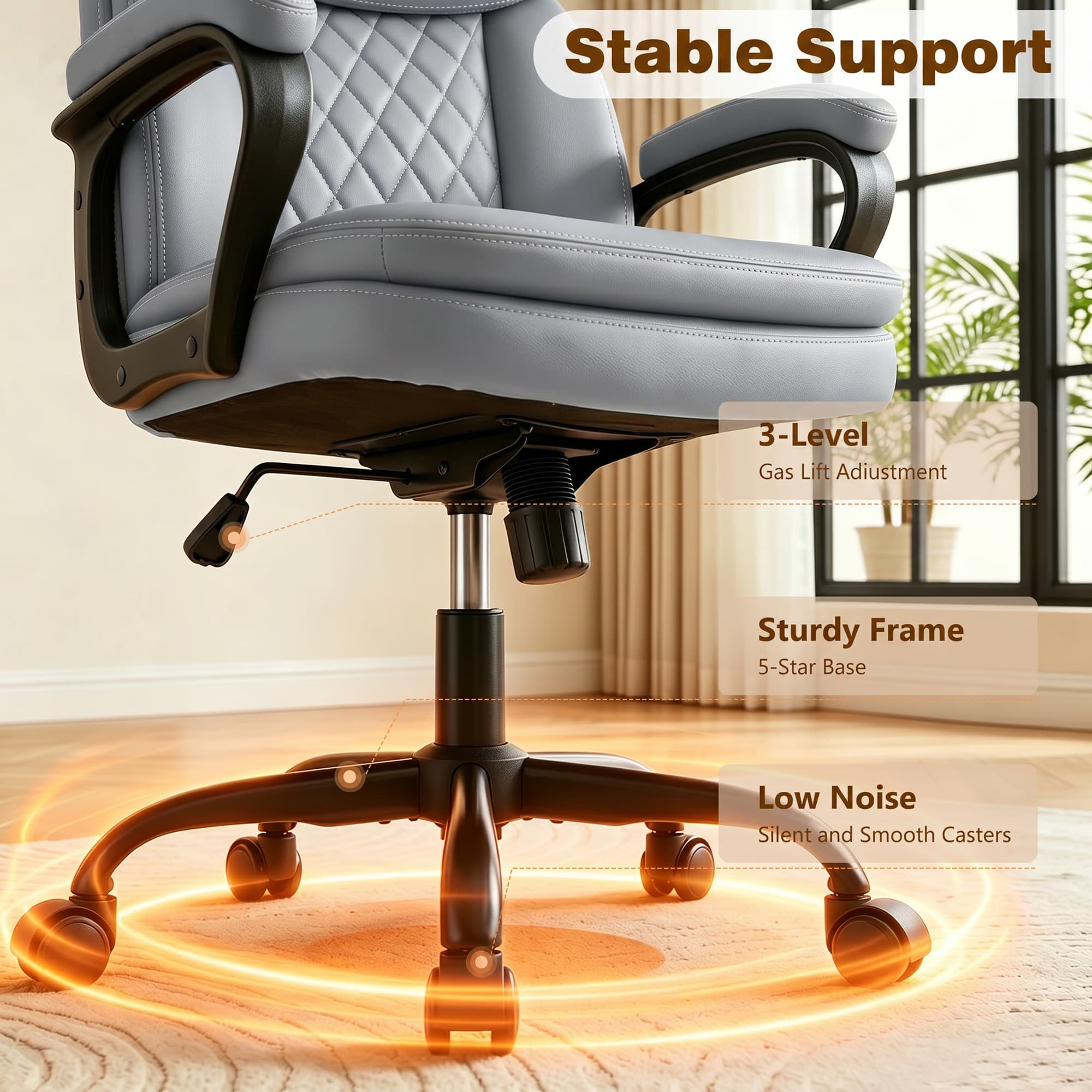 HeroSet Leather Office Chair, Ergonomic Desk Chair with Lumbar Support, Soft Headrest & Thick Seat Cushion, 360° Swivel, 90°–120° Reclining Backrest, Computer Chair for Home Office Work