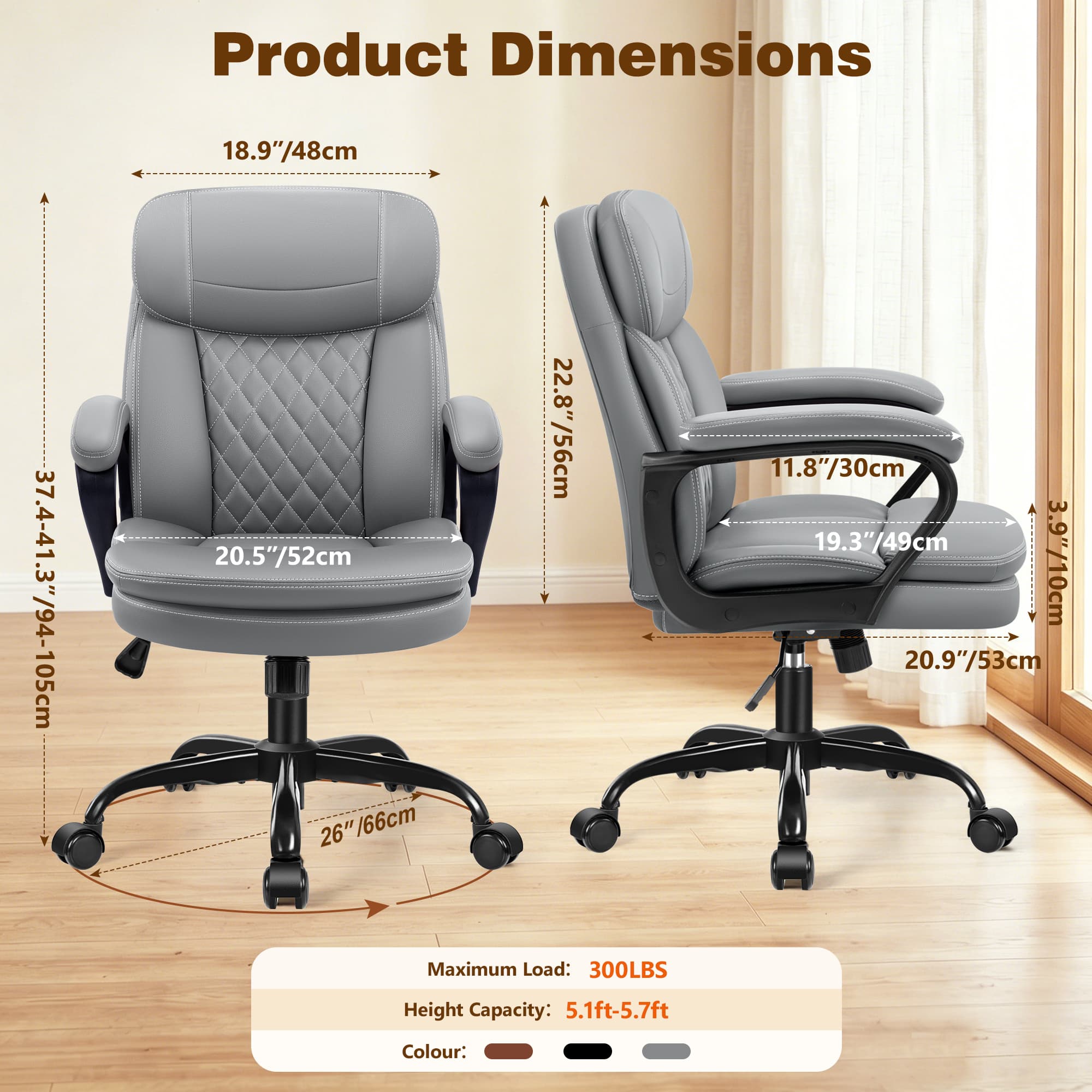 HeroSet Leather Office Chair, Ergonomic Desk Chair with Lumbar Support, Soft Headrest & Thick Seat Cushion, 360° Swivel, 90°–120° Reclining Backrest, Computer Chair for Home Office Work