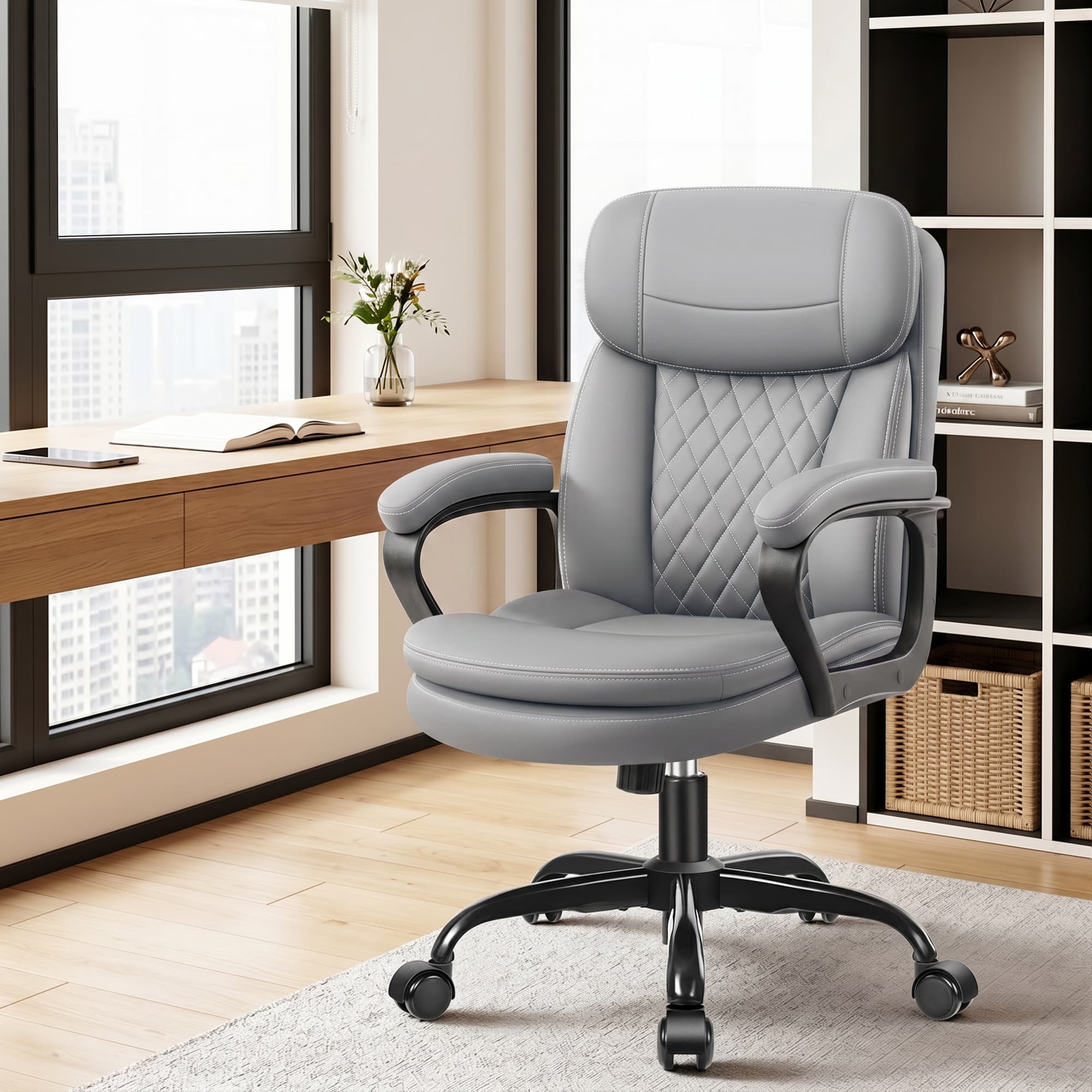 HeroSet Leather Office Chair, Ergonomic Desk Chair with Lumbar Support, Soft Headrest & Thick Seat Cushion, 360° Swivel, 90°–120° Reclining Backrest, Computer Chair for Home Office Work
