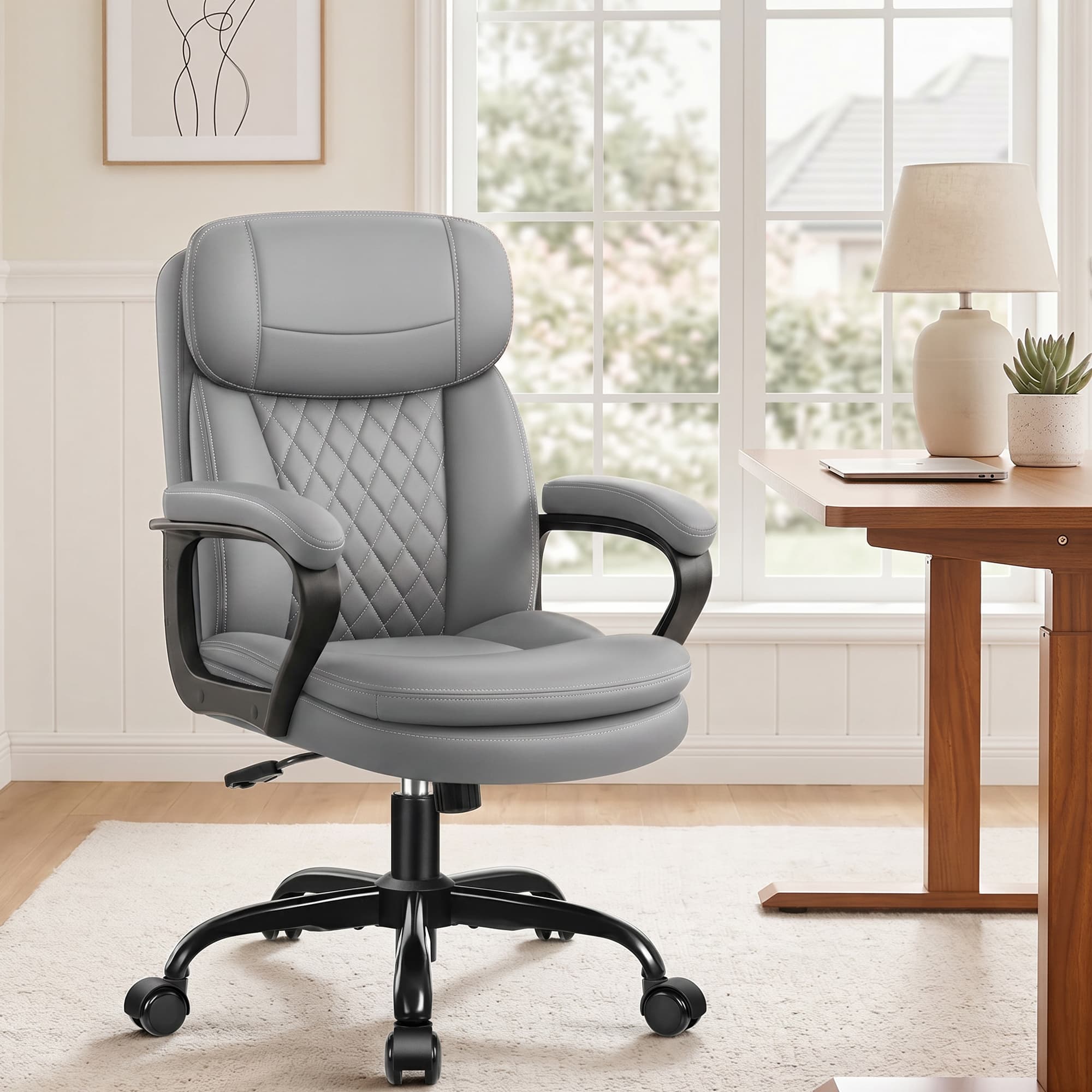 HeroSet Leather Office Chair, Ergonomic Desk Chair with Lumbar Support, Soft Headrest & Thick Seat Cushion, 360° Swivel, 90°–120° Reclining Backrest, Computer Chair for Home Office Work