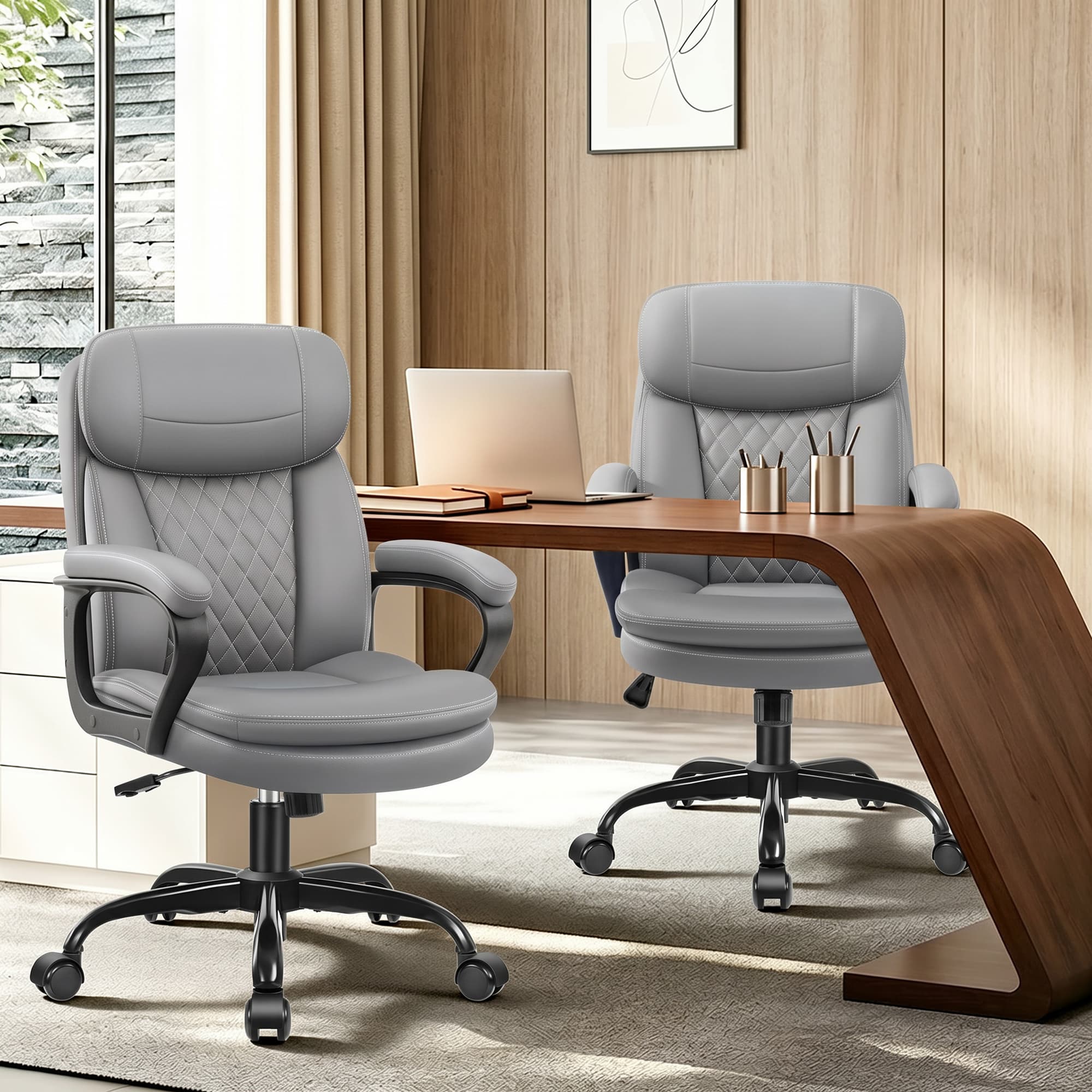 HeroSet Leather Office Chair, Ergonomic Desk Chair with Lumbar Support, Soft Headrest & Thick Seat Cushion, 360° Swivel, 90°–120° Reclining Backrest, Computer Chair for Home Office Work