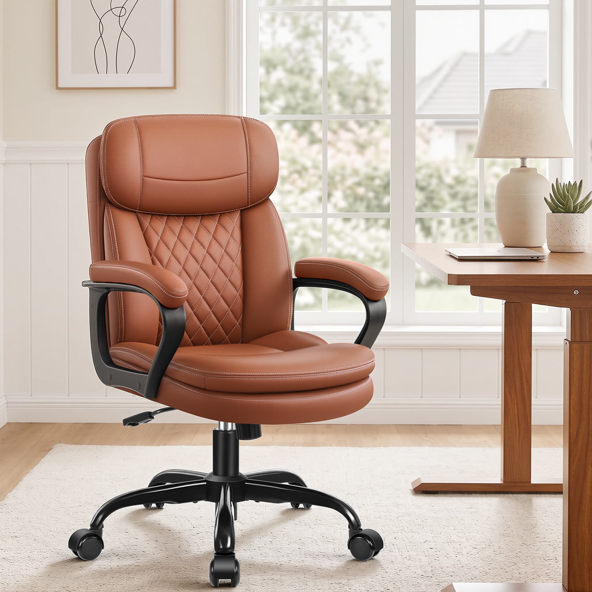 HeroSet Leather Office Chair, Ergonomic Desk Chair with Lumbar Support, Soft Headrest & Thick Seat Cushion, 360° Swivel, 90°–120° Reclining Backrest, Computer Chair for Home Office Work