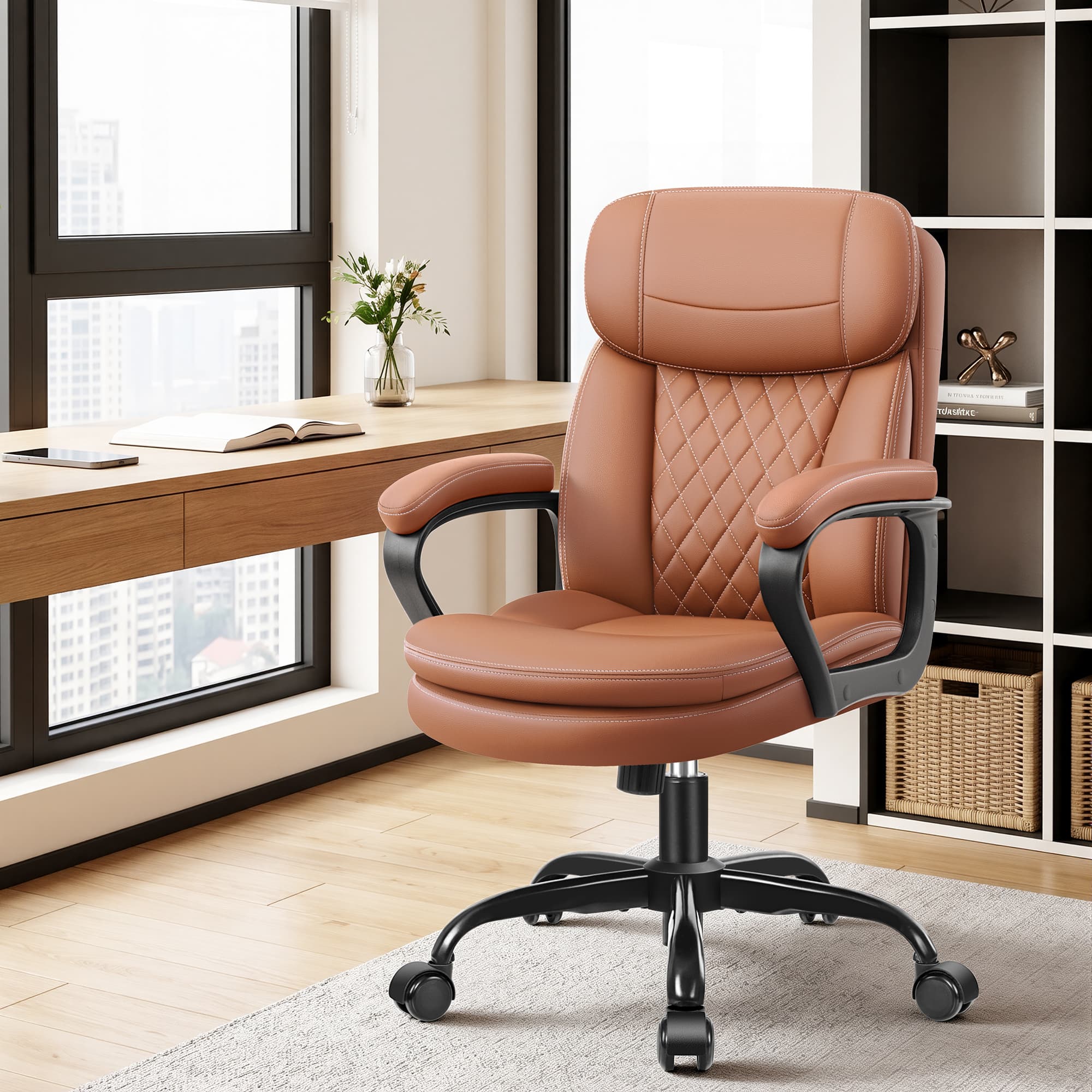 HeroSet Leather Office Chair, Ergonomic Desk Chair with Lumbar Support, Soft Headrest & Thick Seat Cushion, 360° Swivel, 90°–120° Reclining Backrest, Computer Chair for Home Office Work