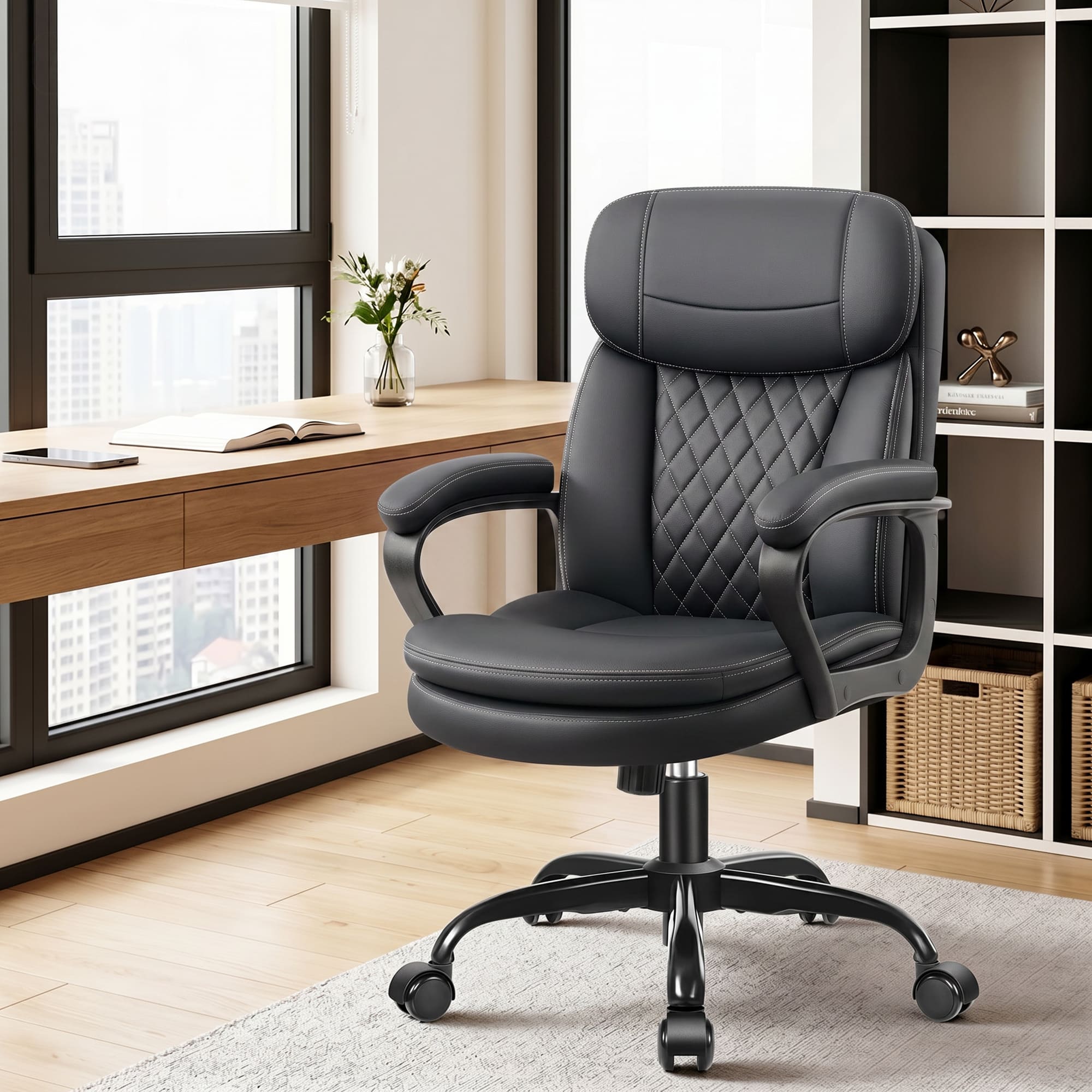 HeroSet Leather Office Chair, Ergonomic Desk Chair with Lumbar Support, Soft Headrest & Thick Seat Cushion, 360° Swivel, 90°–120° Reclining Backrest, Computer Chair for Home Office Work