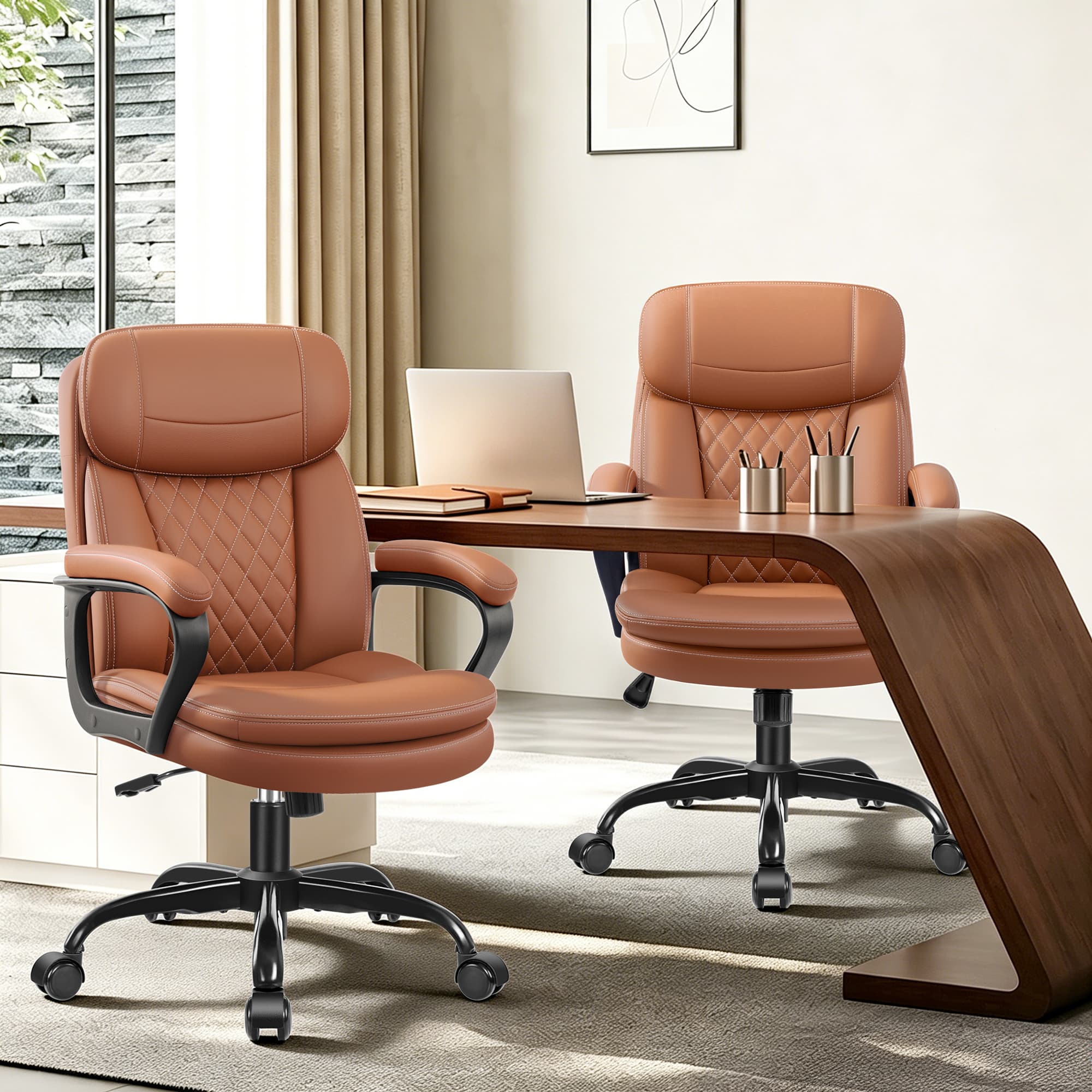 HeroSet Leather Office Chair, Ergonomic Desk Chair with Lumbar Support, Soft Headrest & Thick Seat Cushion, 360° Swivel, 90°–120° Reclining Backrest, Computer Chair for Home Office Work