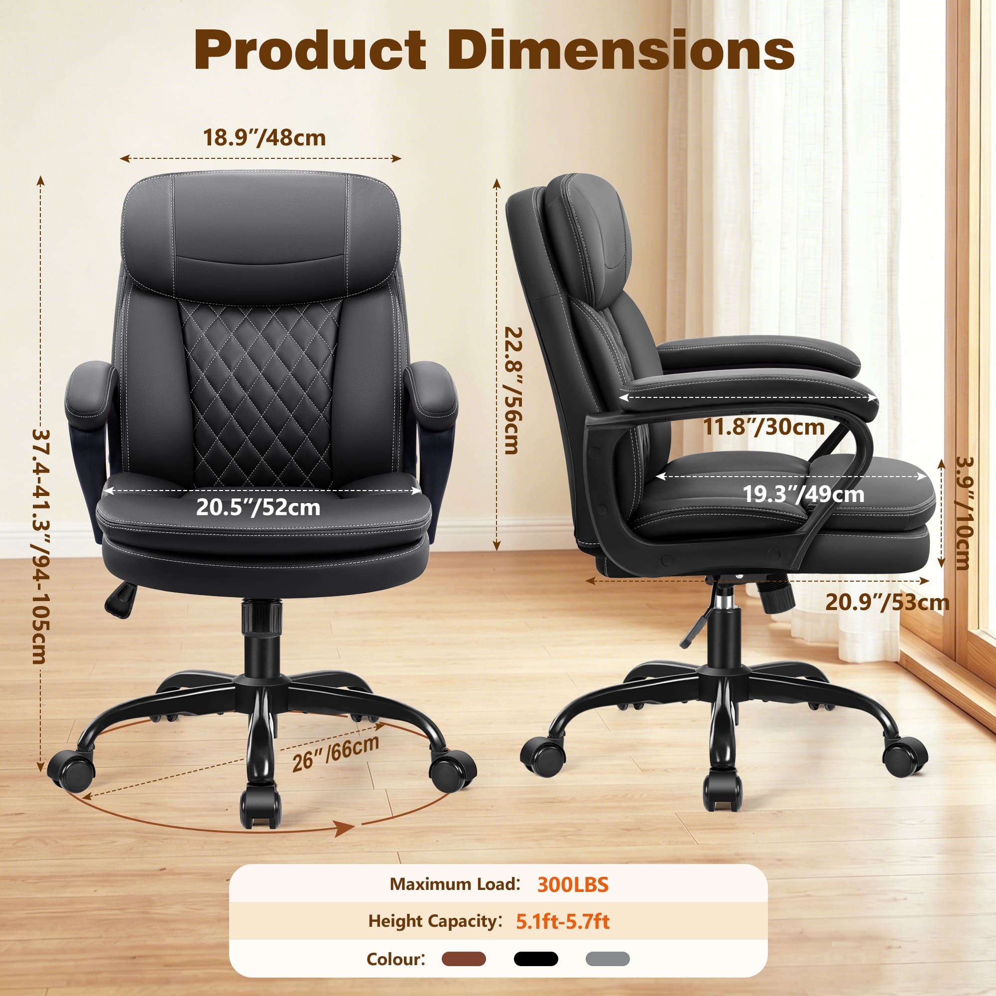 HeroSet Leather Office Chair, Ergonomic Desk Chair with Lumbar Support, Soft Headrest & Thick Seat Cushion, 360° Swivel, 90°–120° Reclining Backrest, Computer Chair for Home Office Work