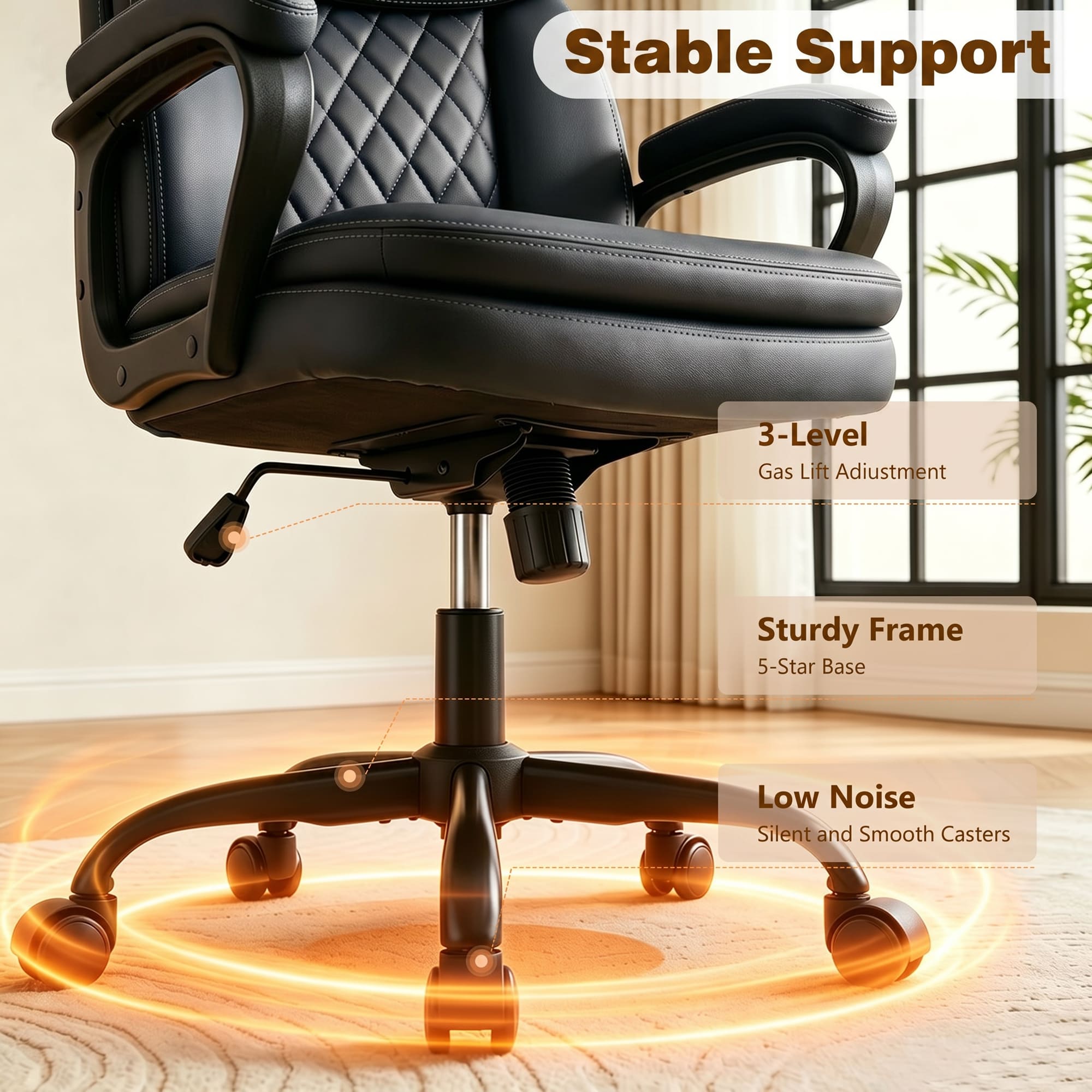 HeroSet Leather Office Chair, Ergonomic Desk Chair with Lumbar Support, Soft Headrest & Thick Seat Cushion, 360° Swivel, 90°–120° Reclining Backrest, Computer Chair for Home Office Work