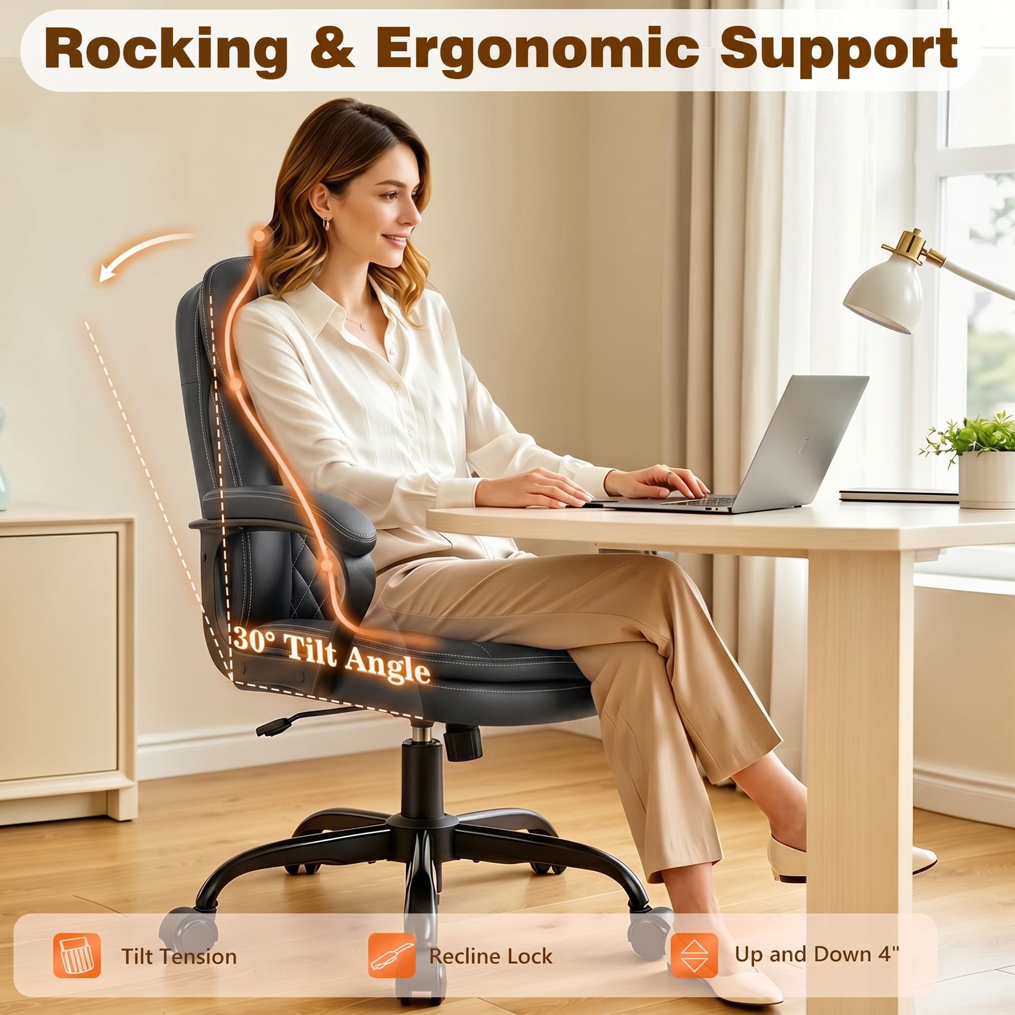 HeroSet Leather Office Chair, Ergonomic Desk Chair with Lumbar Support, Soft Headrest & Thick Seat Cushion, 360° Swivel, 90°–120° Reclining Backrest, Computer Chair for Home Office Work