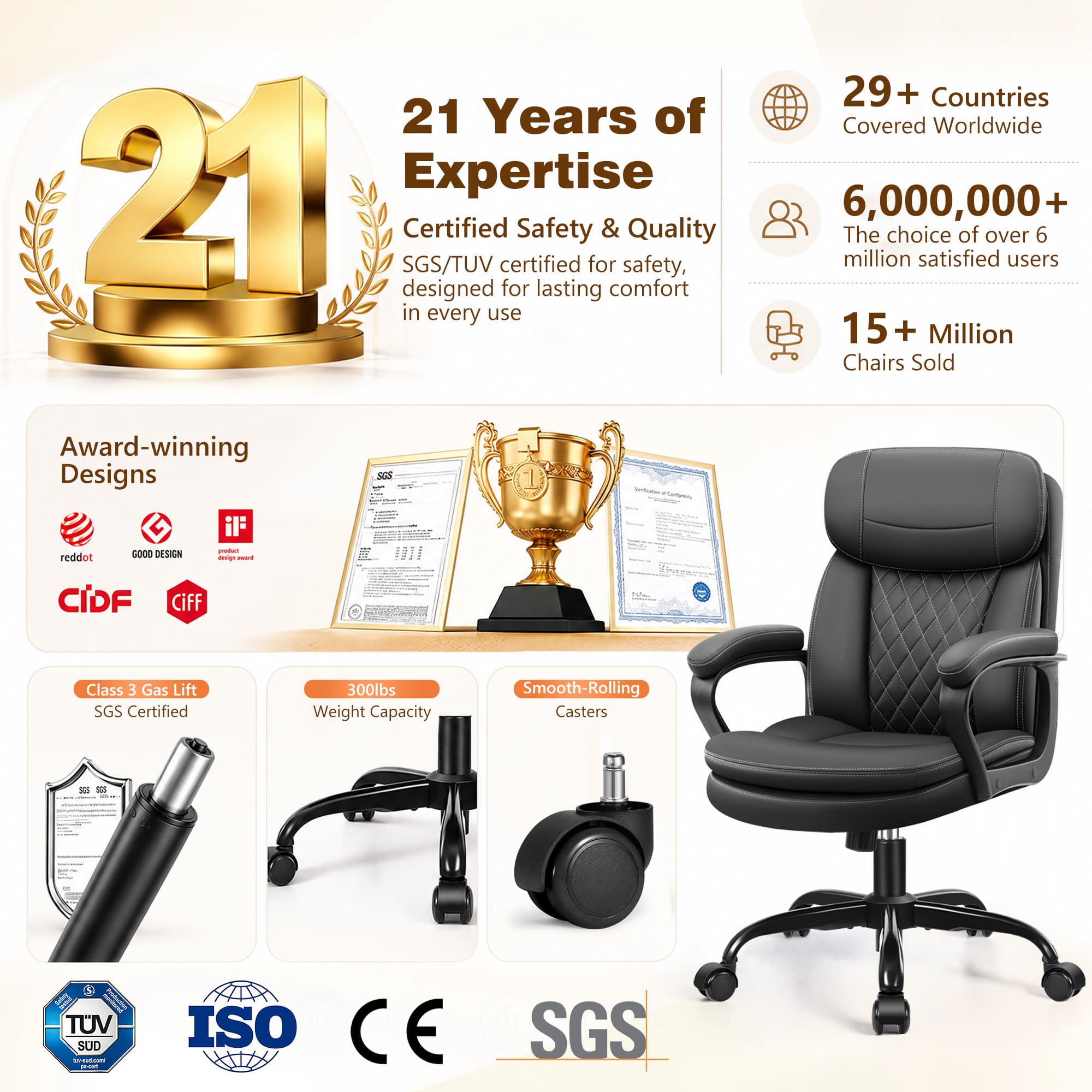 HeroSet Leather Office Chair, Ergonomic Desk Chair with Lumbar Support, Soft Headrest & Thick Seat Cushion, 360° Swivel, 90°–120° Reclining Backrest, Computer Chair for Home Office Work