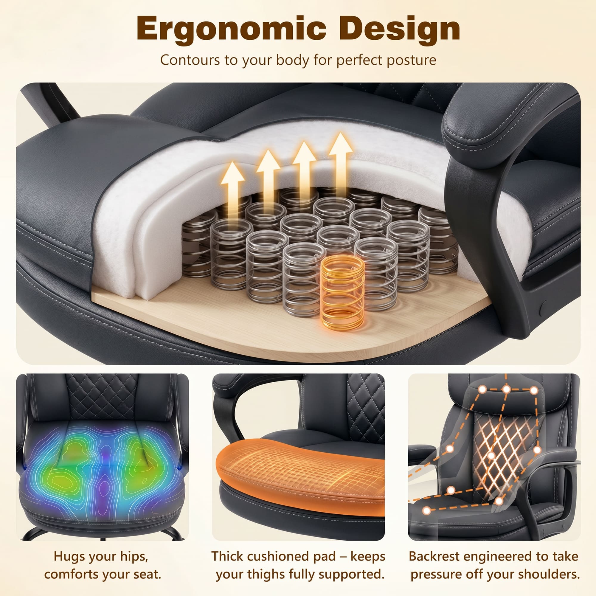 HeroSet Leather Office Chair, Ergonomic Desk Chair with Lumbar Support, Soft Headrest & Thick Seat Cushion, 360° Swivel, 90°–120° Reclining Backrest, Computer Chair for Home Office Work