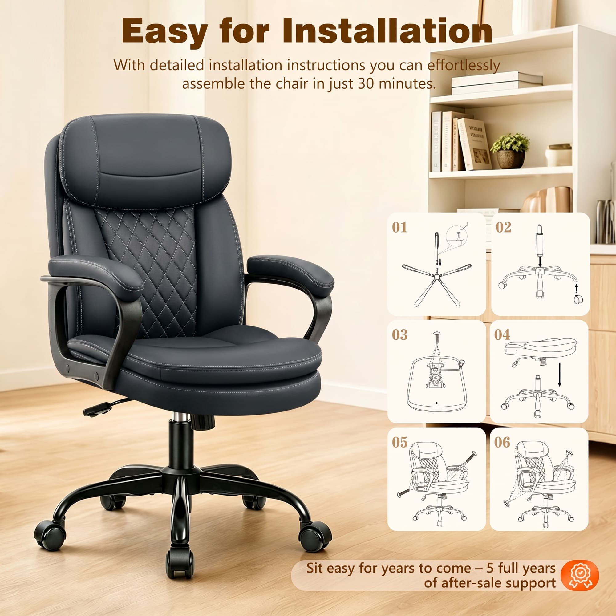 HeroSet Leather Office Chair, Ergonomic Desk Chair with Lumbar Support, Soft Headrest & Thick Seat Cushion, 360° Swivel, 90°–120° Reclining Backrest, Computer Chair for Home Office Work
