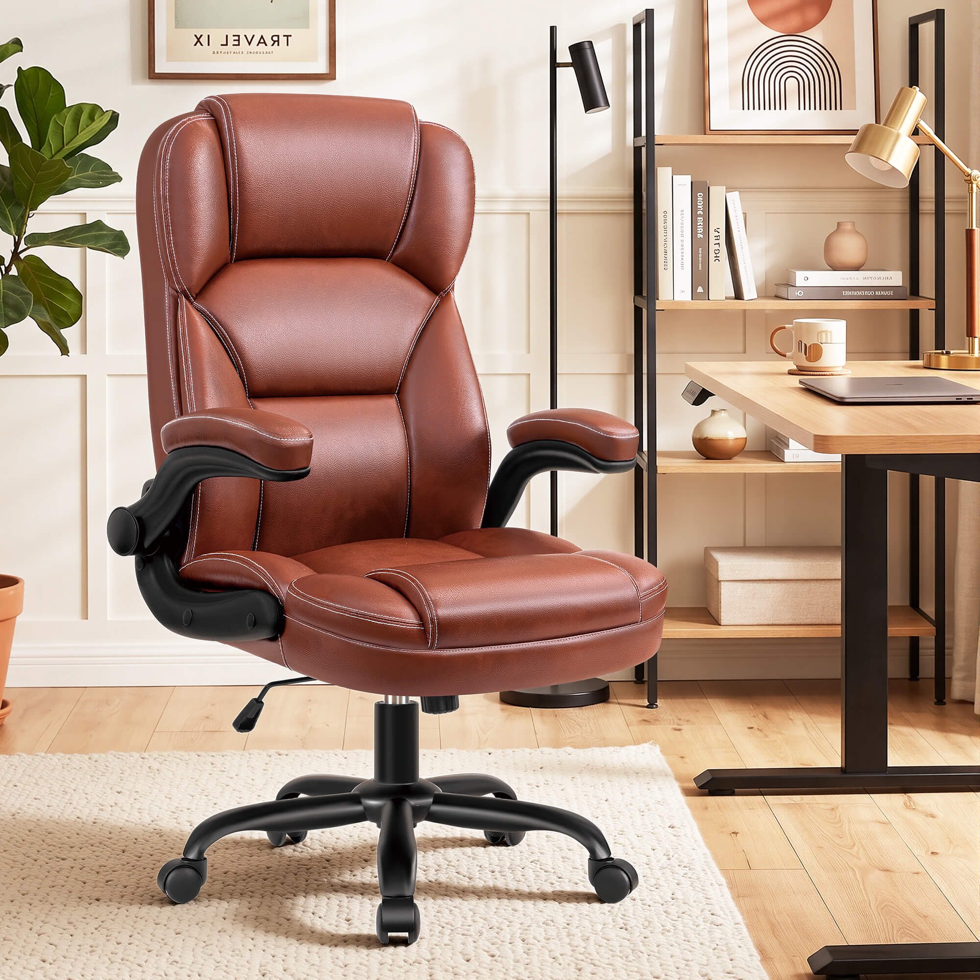 HeroSet High Back PU Leather Office Chair with 90° Flip-Up Arms – Ergonomic Desk Chair for Home Office, Computer Desk Chair with Adjustable Height