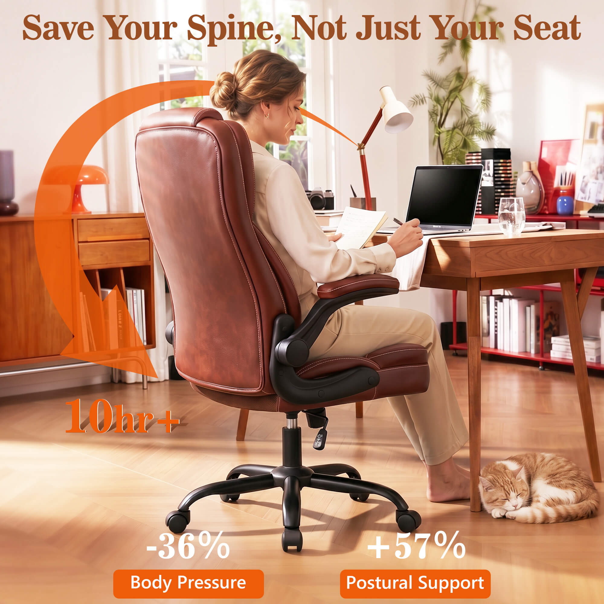 HeroSet High Back PU Leather Office Chair with 90° Flip-Up Arms – Ergonomic Desk Chair for Home Office, Computer Desk Chair with Adjustable Height