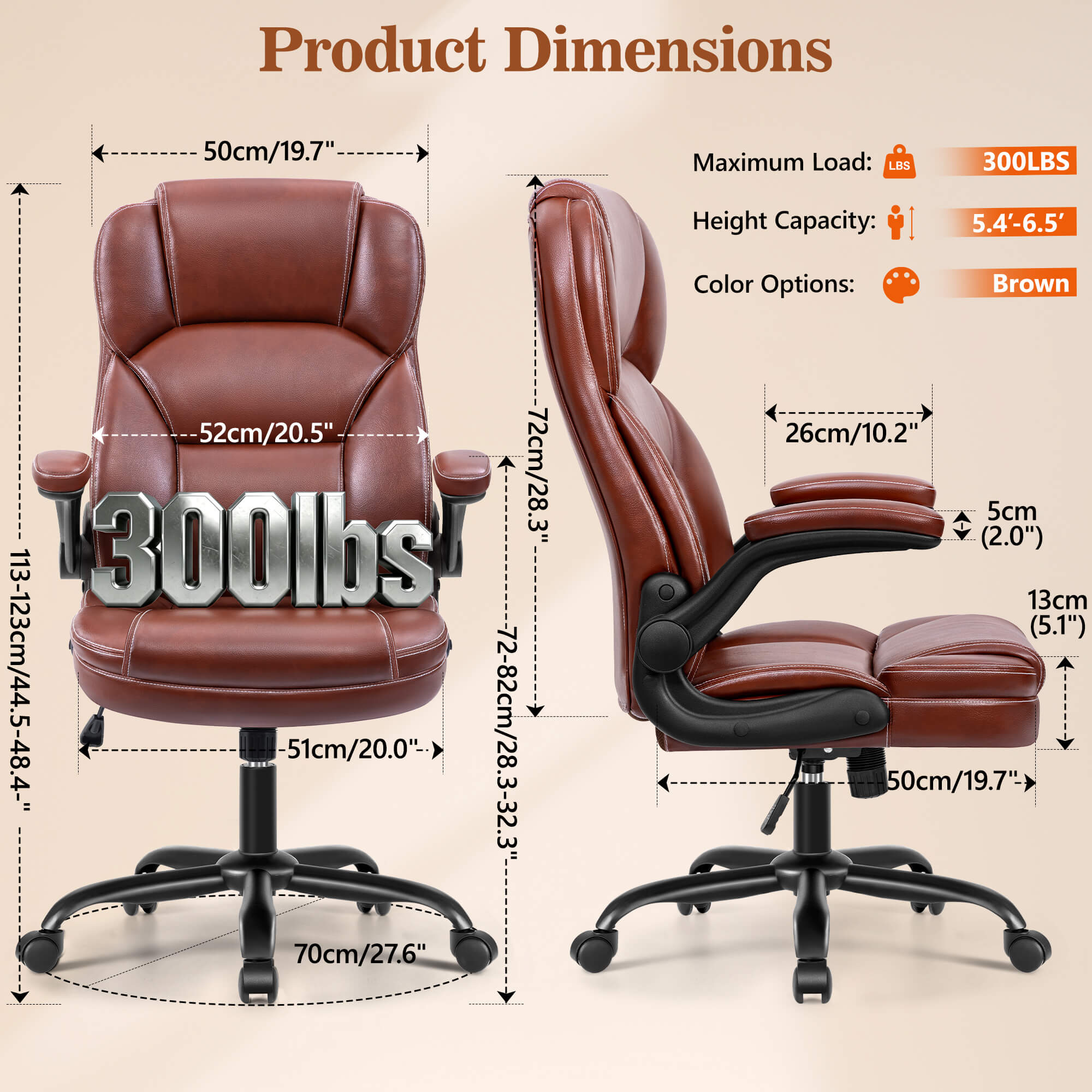 HeroSet High Back PU Leather Office Chair with 90° Flip-Up Arms – Ergonomic Desk Chair for Home Office, Computer Desk Chair with Adjustable Height