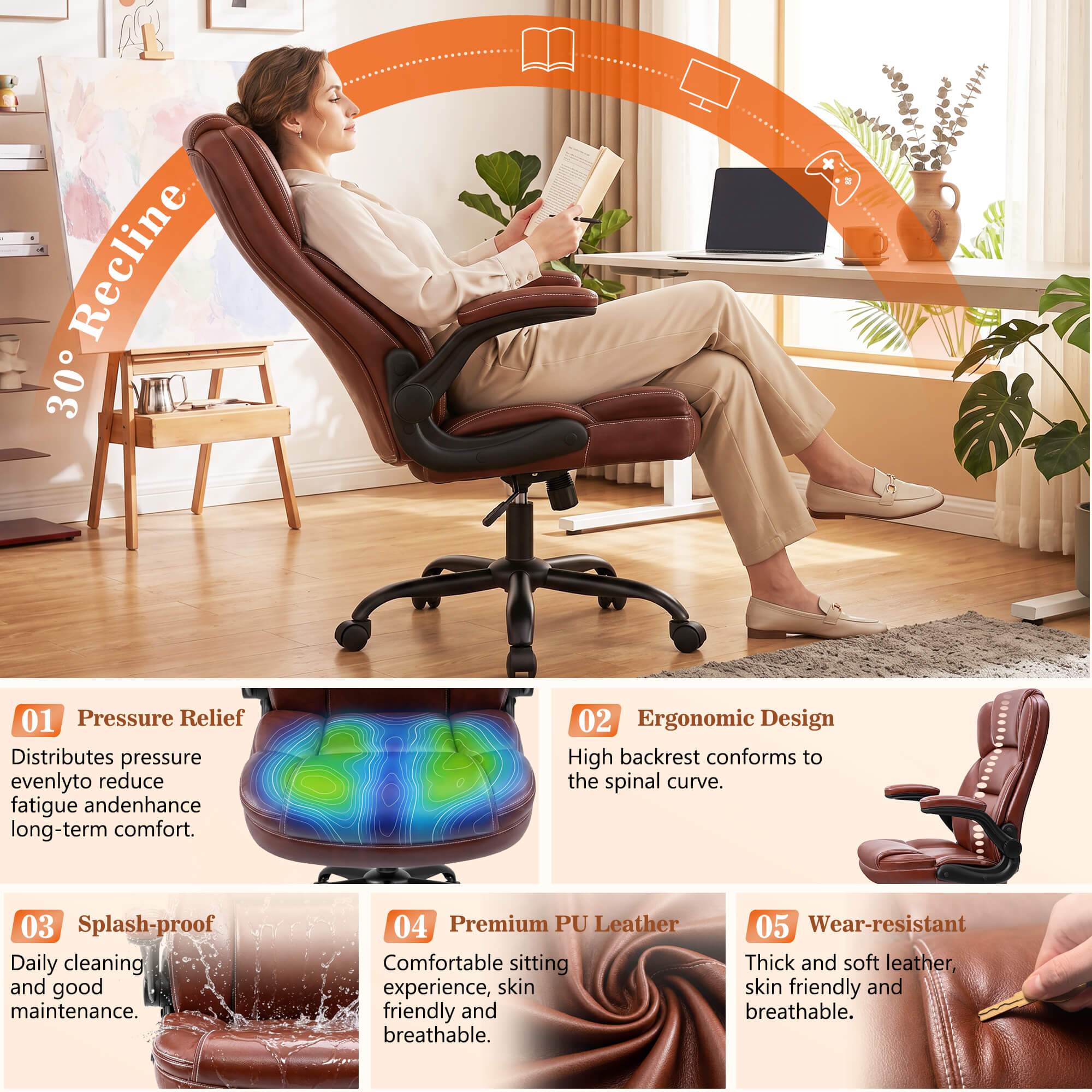 HeroSet High Back PU Leather Office Chair with 90° Flip-Up Arms – Ergonomic Desk Chair for Home Office, Computer Desk Chair with Adjustable Height