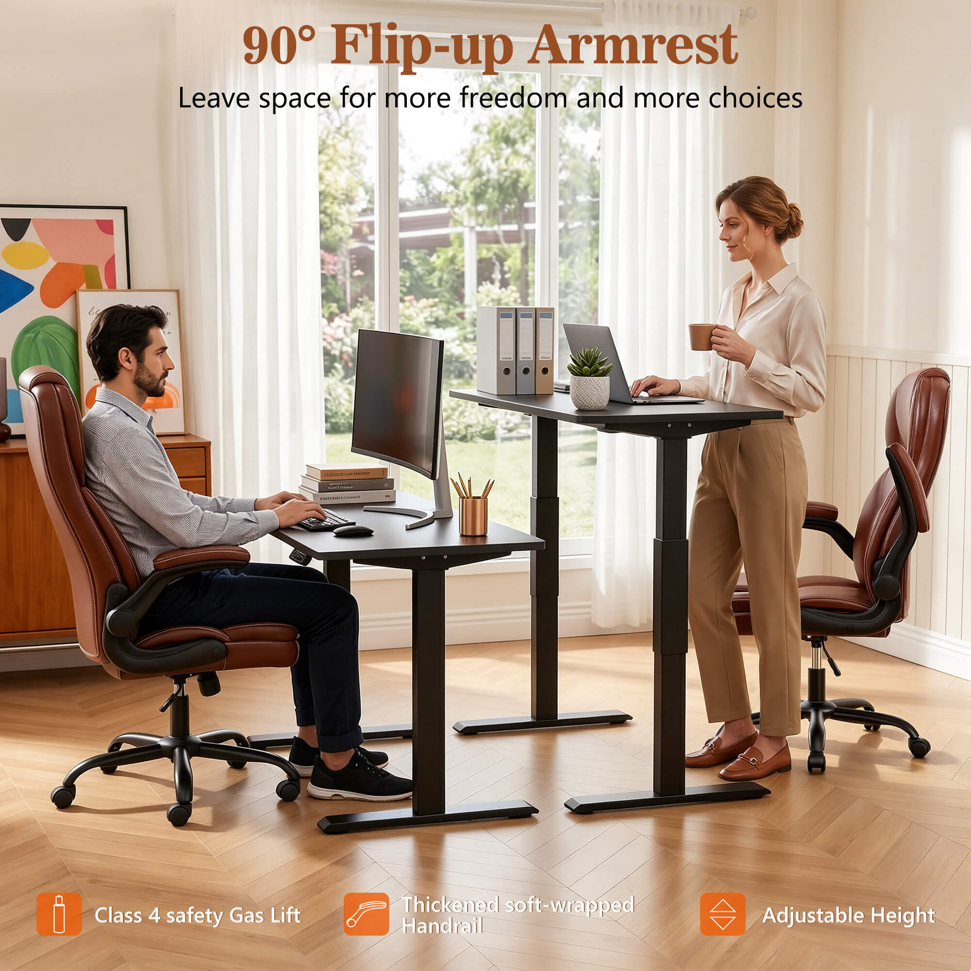 HeroSet High Back PU Leather Office Chair with 90° Flip-Up Arms – Ergonomic Desk Chair for Home Office, Computer Desk Chair with Adjustable Height