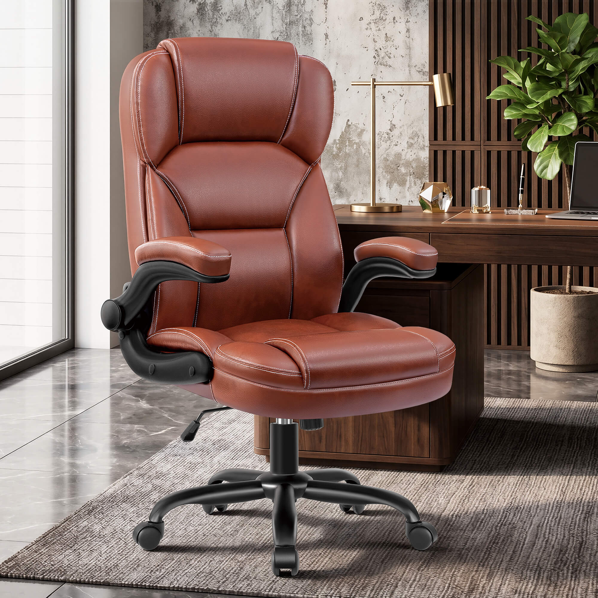 HeroSet High Back PU Leather Office Chair with 90° Flip-Up Arms – Ergonomic Desk Chair for Home Office, Computer Desk Chair with Adjustable Height
