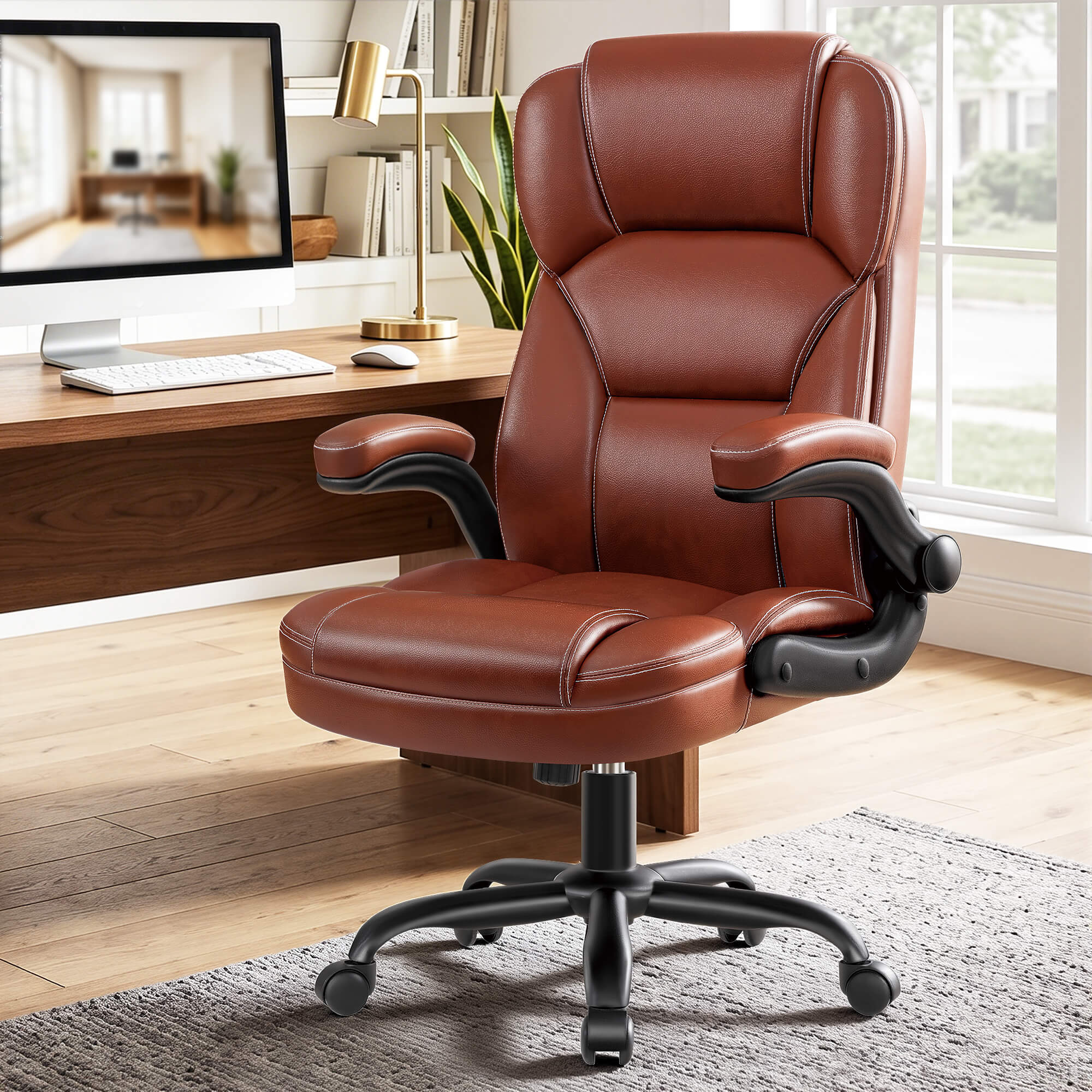 HeroSet High Back PU Leather Office Chair with 90° Flip-Up Arms – Ergonomic Desk Chair for Home Office, Computer Desk Chair with Adjustable Height