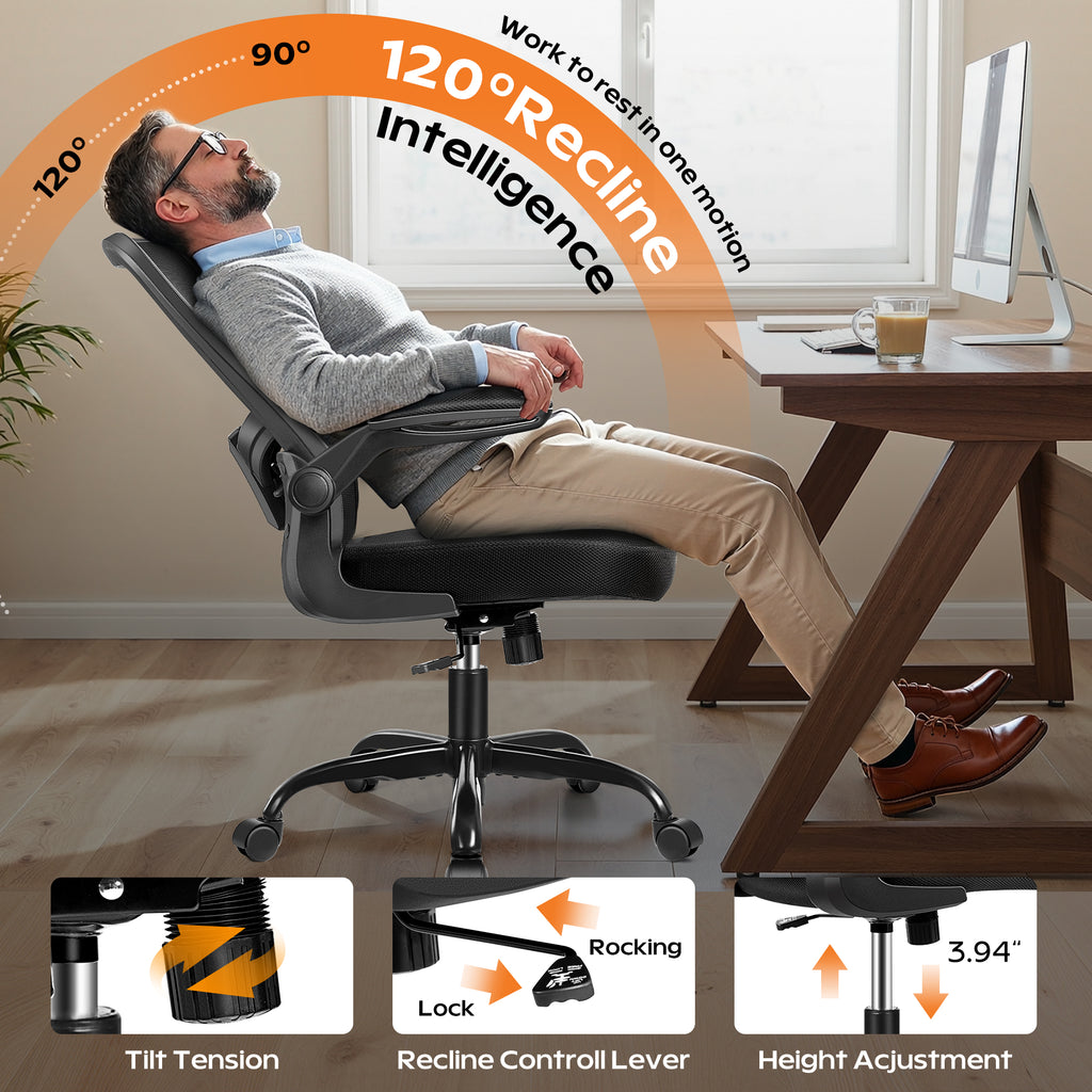 HeroSet Ergonomic Office Chair 2026 - Mesh Desk Chair with Flip-up Armrests, Adjustable Height and Lumbar, 360° Swivel Comfortable Computer Chairs for Home, Conference Room, Reception, Max 350lbs, Black