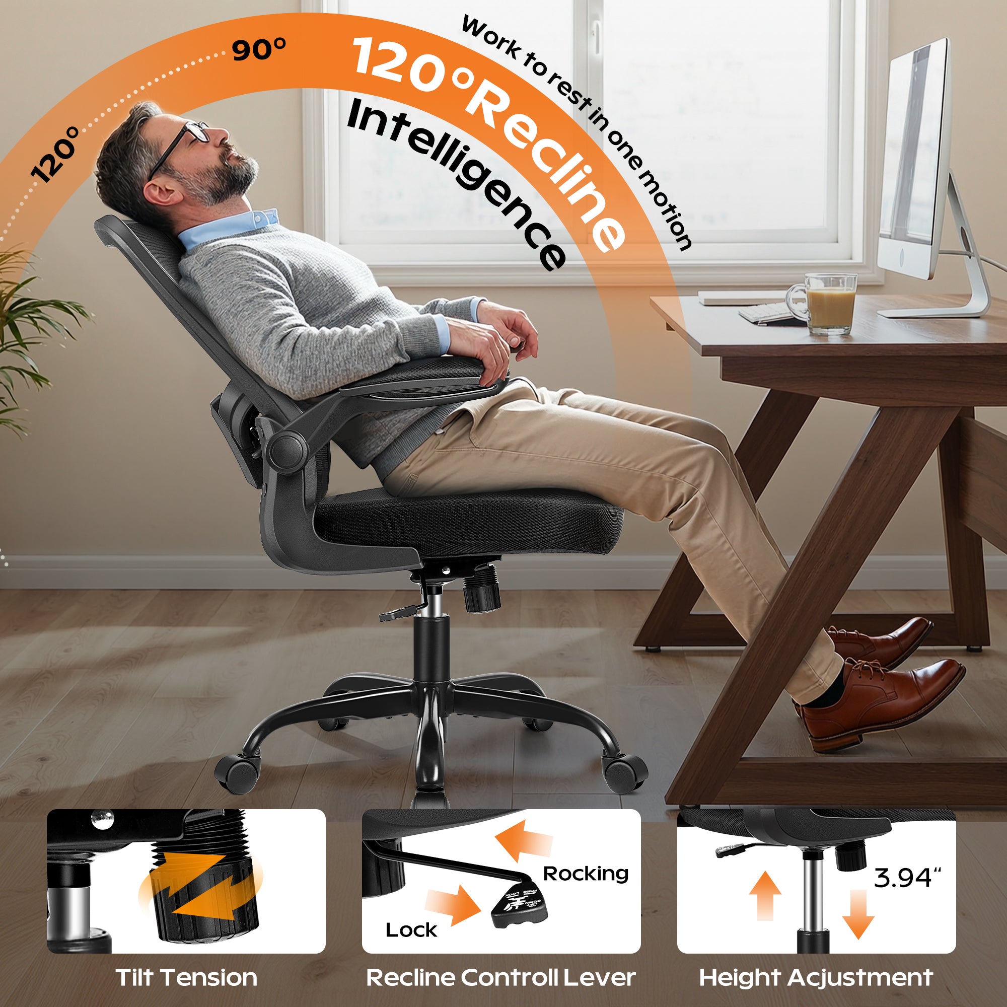 HeroSet Ergonomic Office Chair 2026 - Mesh Desk Chair with Flip-up Armrests, Adjustable Height and Lumbar, 360° Swivel Comfortable Computer Chairs for Home, Conference Room, Reception, Max 350lbs, Black