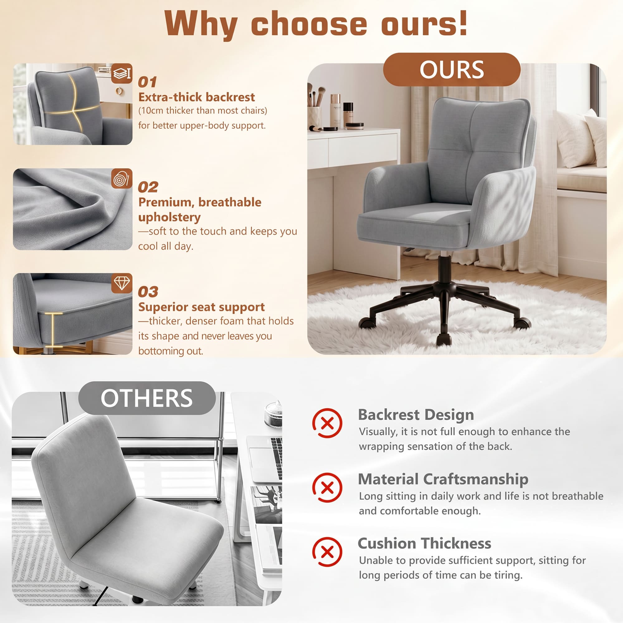 HeroSet Office Desk Chair with Padded, Vanity Chair with Back and Wheels, Comfy Home Office Chiar, Height Adjustable, Rolling Chair for Vanity Room, Makeup Room, Bedroom