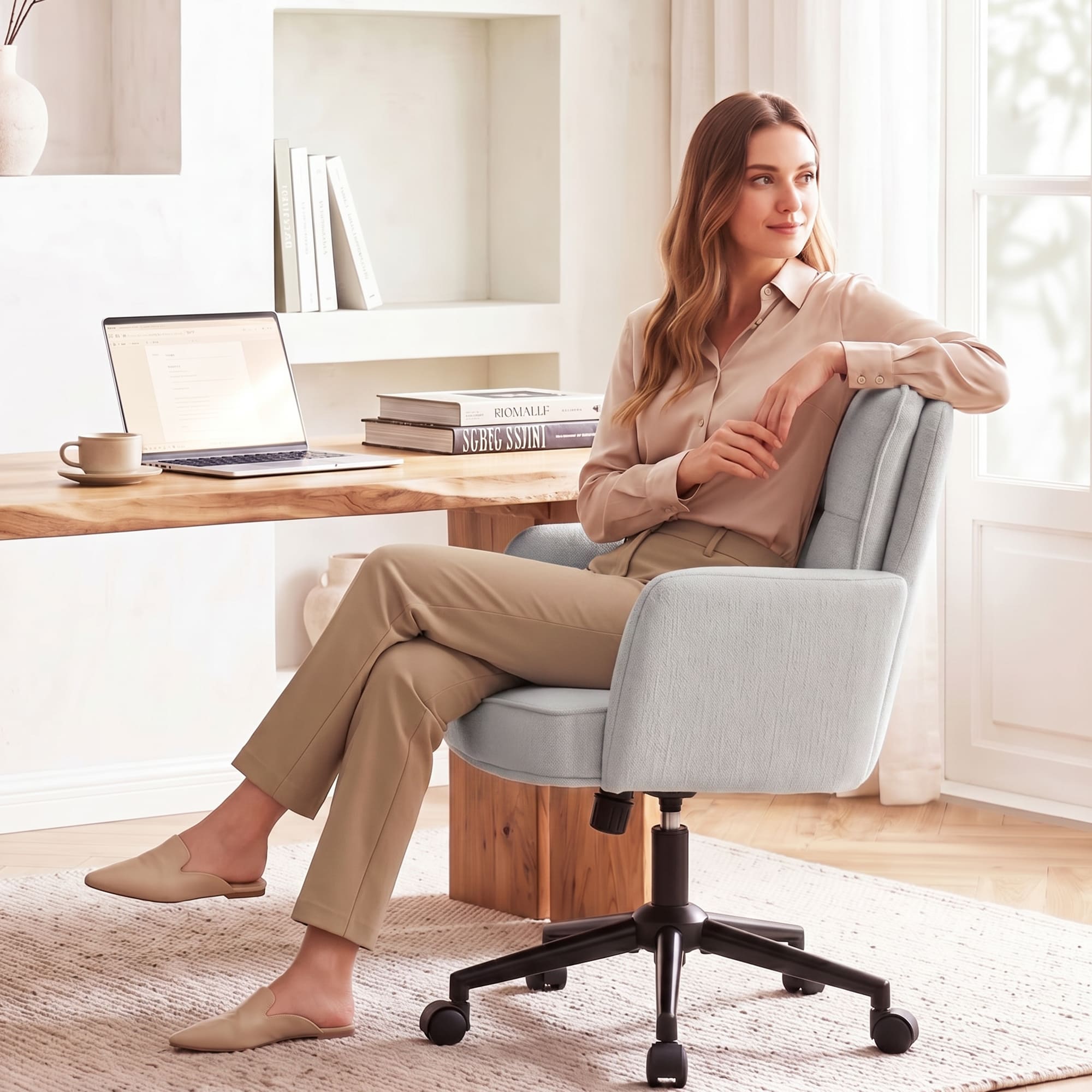 HeroSet Office Desk Chair with Padded, Vanity Chair with Back and Wheels, Comfy Home Office Chiar, Height Adjustable, Rolling Chair for Vanity Room, Makeup Room, Bedroom
