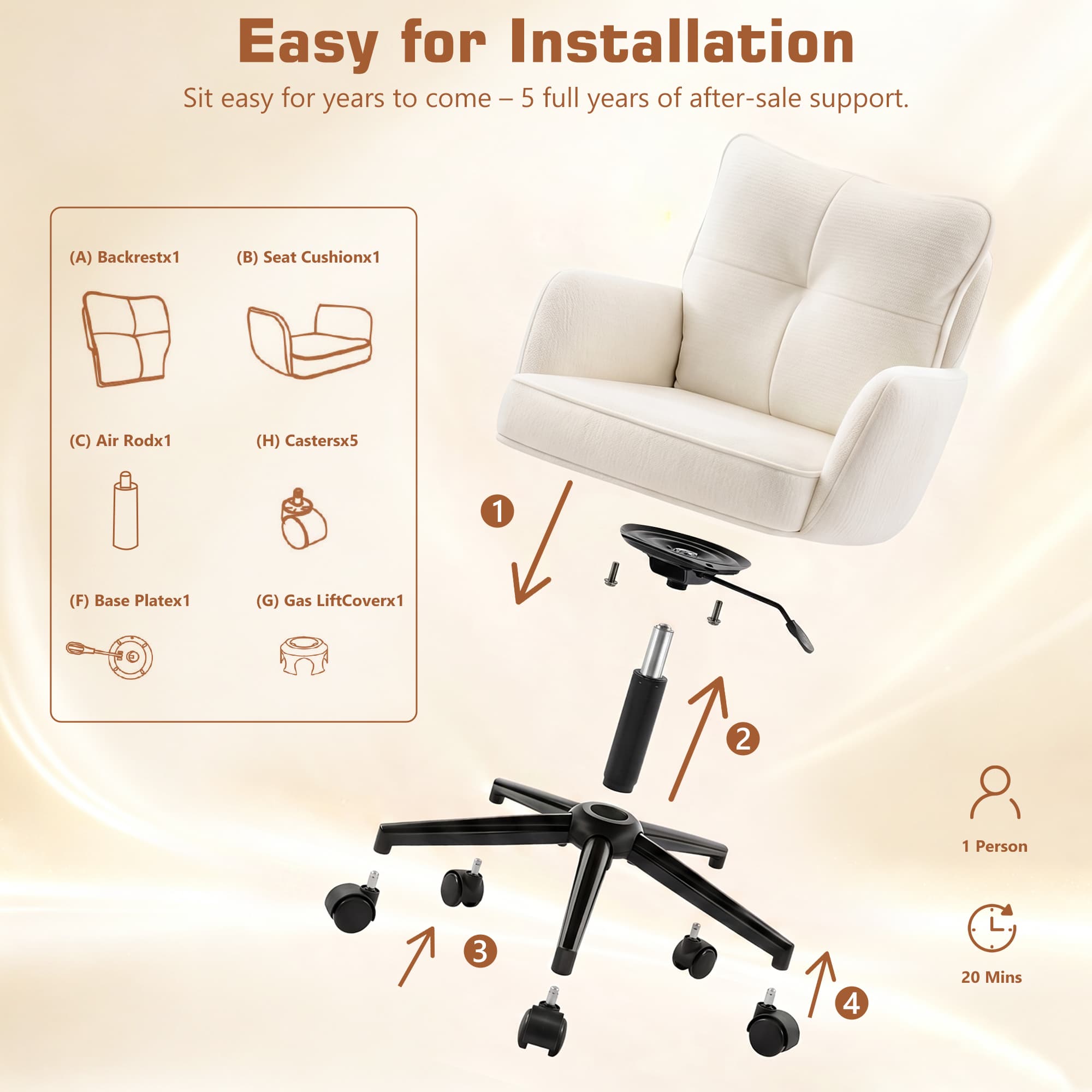 HeroSet Office Desk Chair with Padded, Vanity Chair with Back and Wheels, Comfy Home Office Chiar, Height Adjustable, Rolling Chair for Vanity Room, Makeup Room, Bedroom