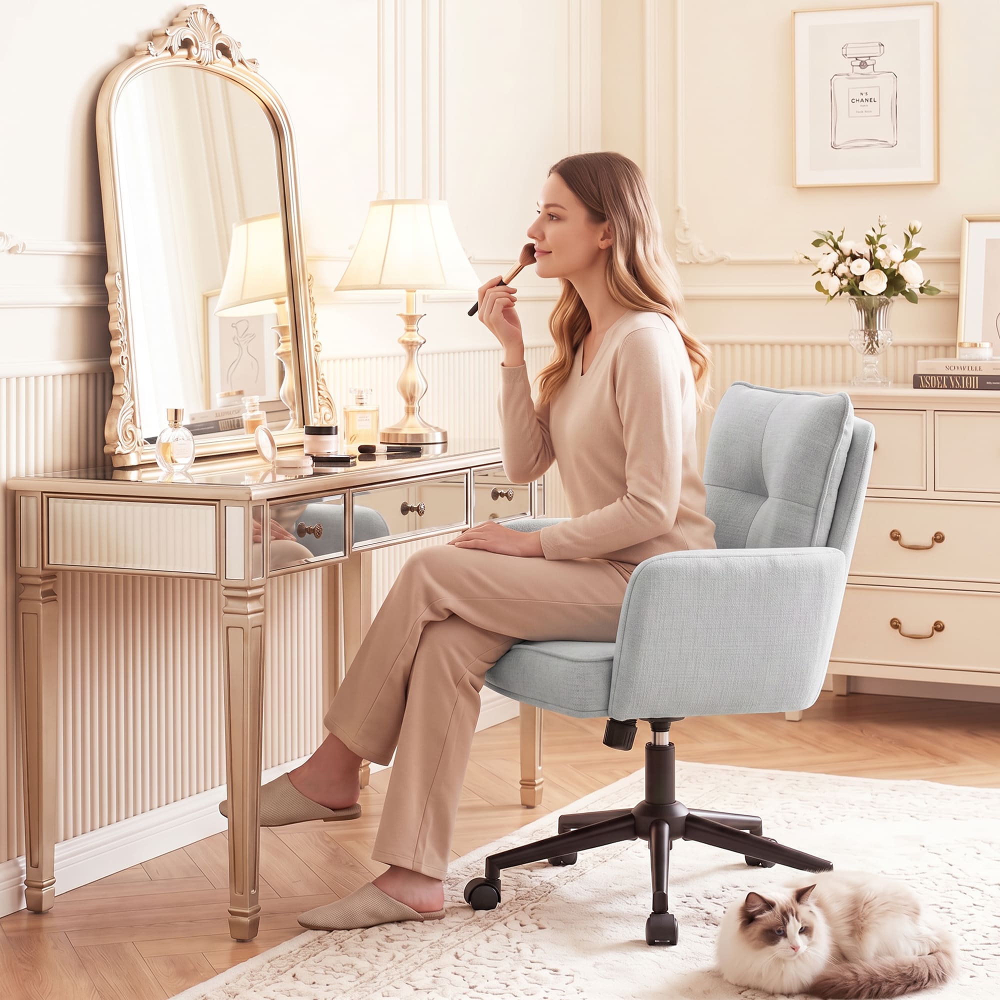HeroSet Office Desk Chair with Padded, Vanity Chair with Back and Wheels, Comfy Home Office Chiar, Height Adjustable, Rolling Chair for Vanity Room, Makeup Room, Bedroom